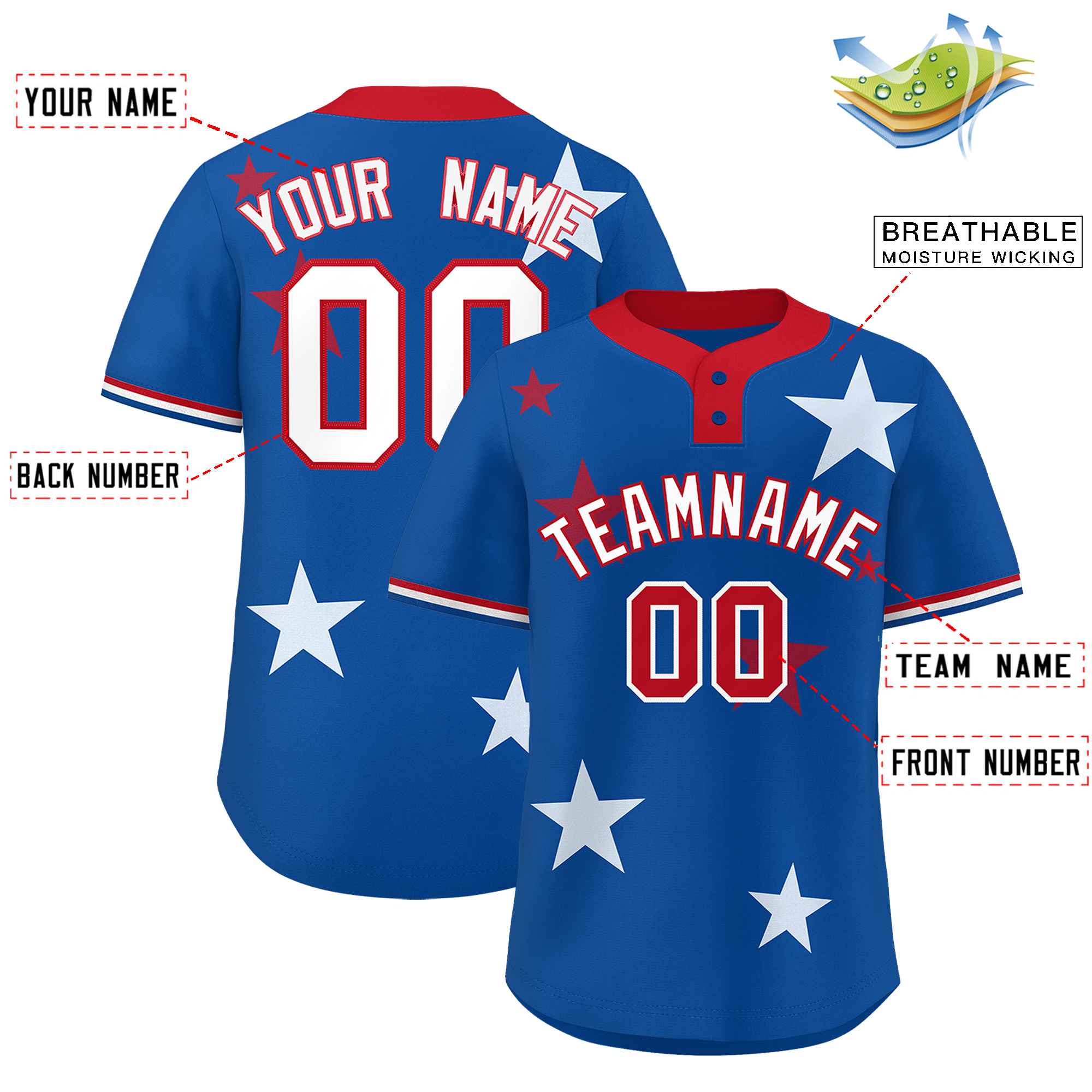 Custom Royal Red Personalized Star Graffiti Pattern Authentic Two-Button Baseball Jersey