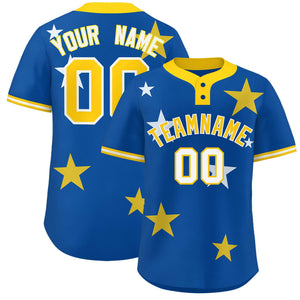 Custom Royal Gold Personalized Star Graffiti Pattern Authentic Two-Button Baseball Jersey