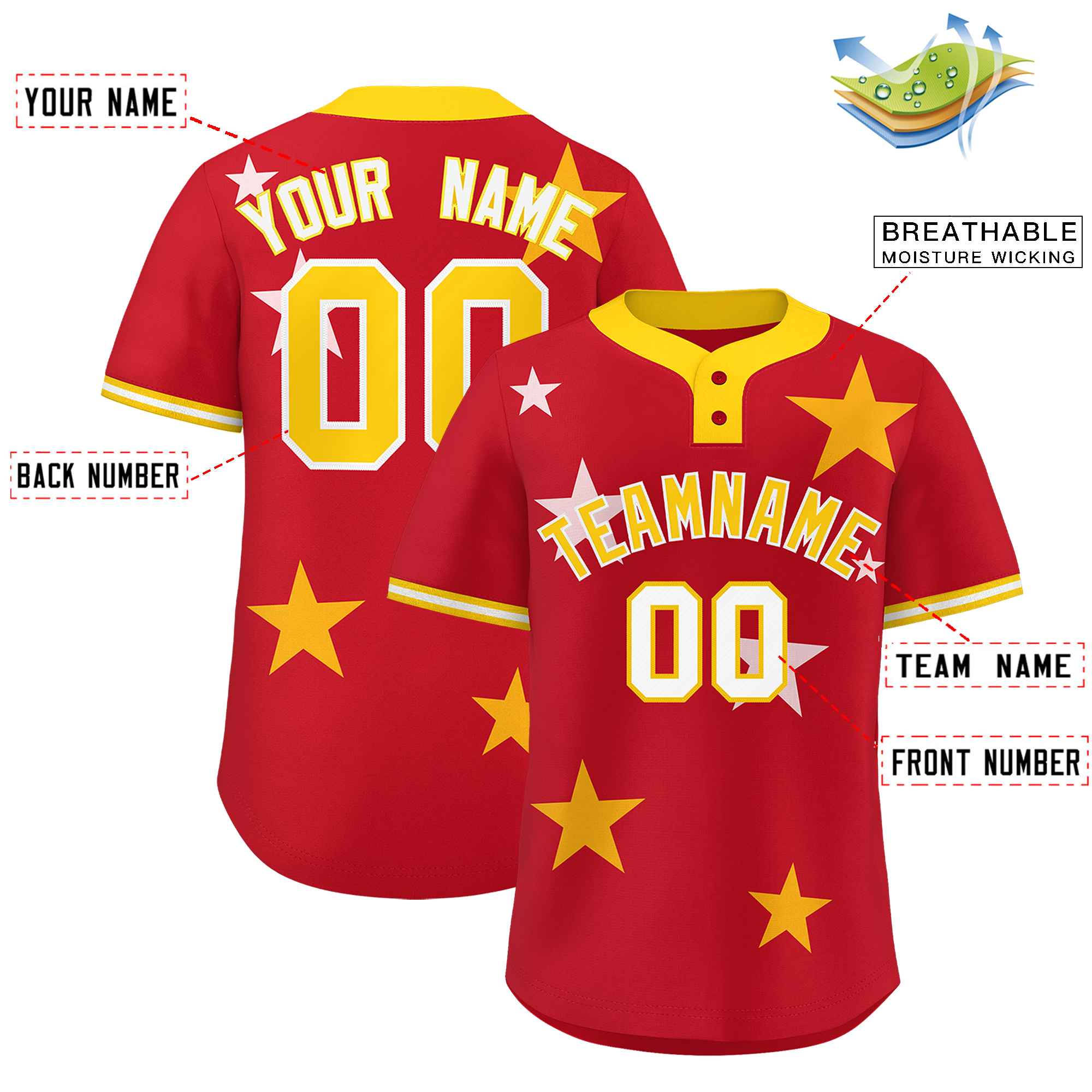 Custom Red Gold Personalized Star Graffiti Pattern Authentic Two-Button Baseball Jersey