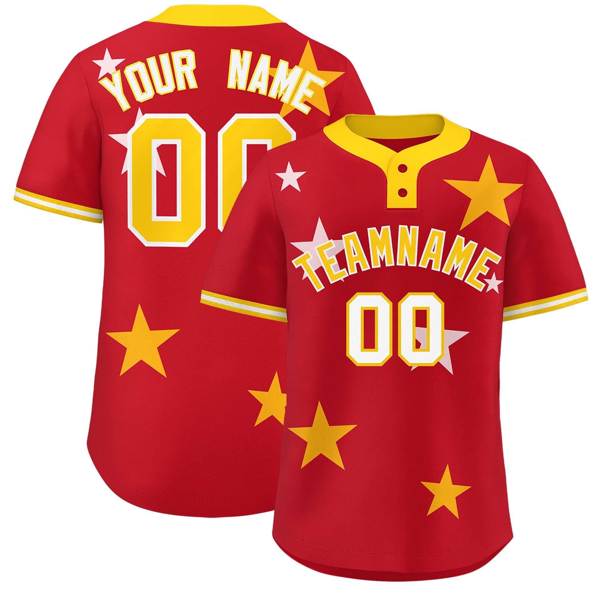 Custom Red Gold Personalized Star Graffiti Pattern Authentic Two-Button Baseball Jersey