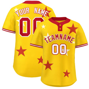 Custom Gold Red Personalized Star Graffiti Pattern Authentic Two-Button Baseball Jersey