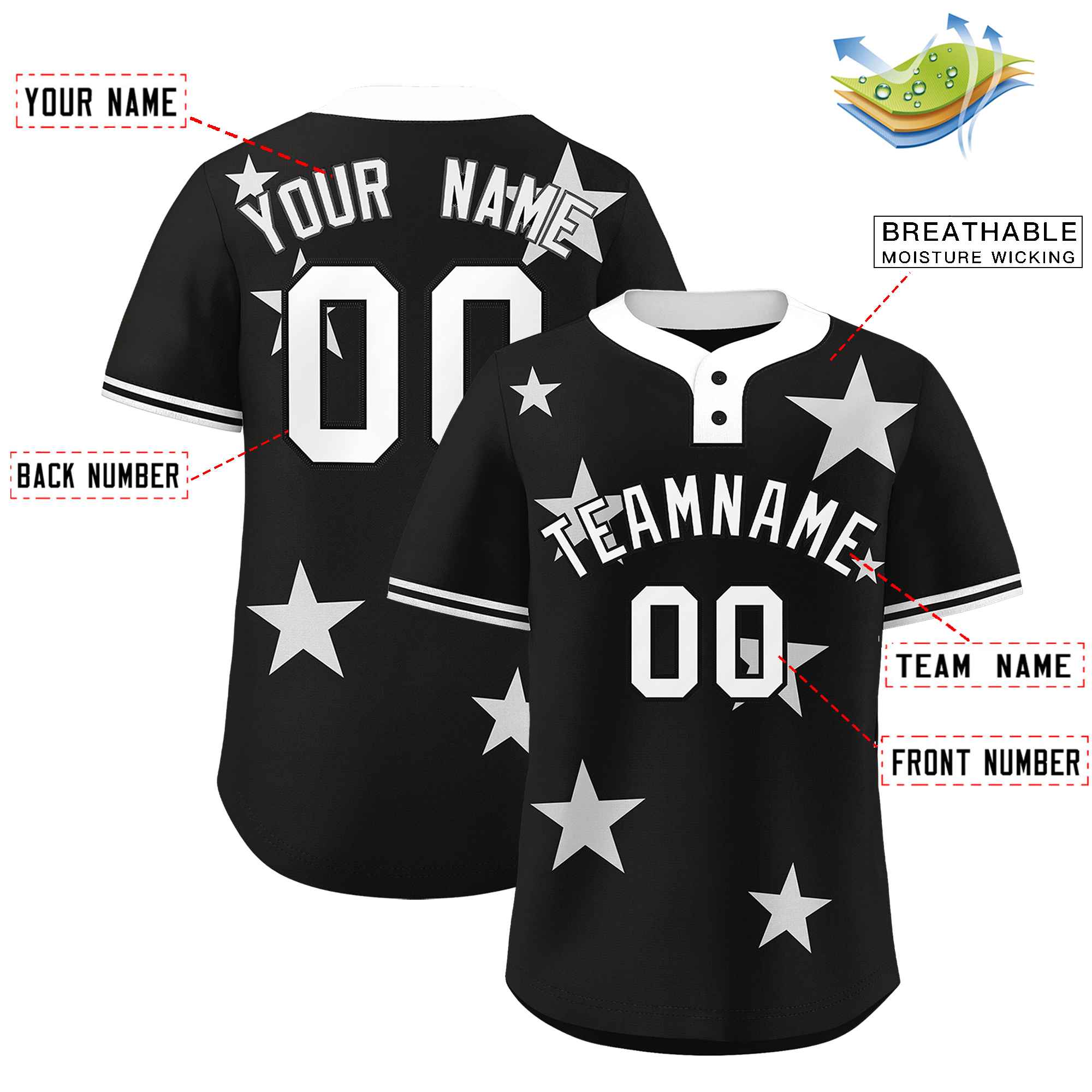 Custom Black White Personalized Star Graffiti Pattern Authentic Two-Button Baseball Jersey