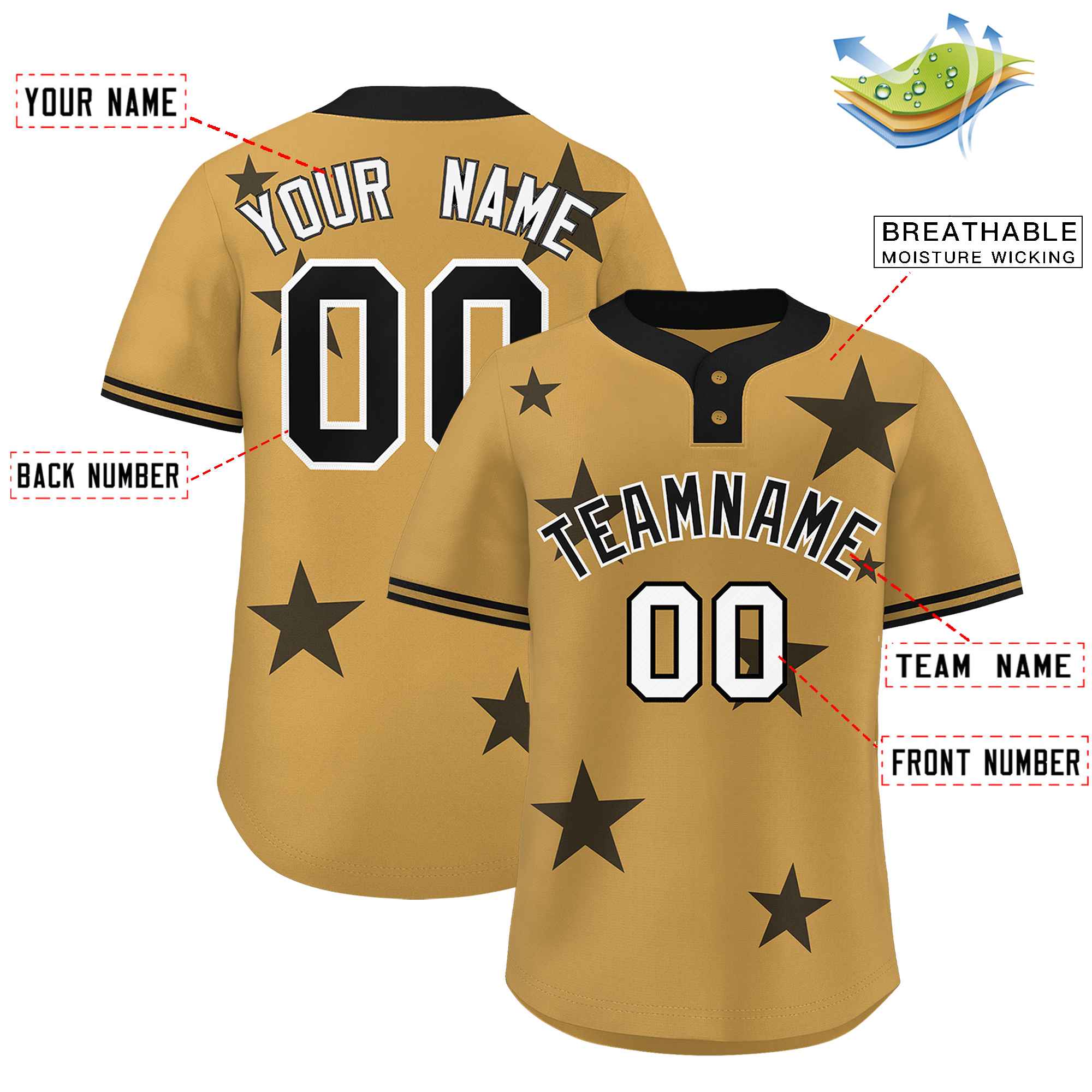 Custom Old Gold Black Personalized Star Graffiti Pattern Authentic Two-Button Baseball Jersey