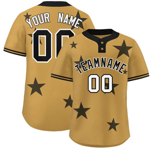 Custom Old Gold Black Personalized Star Graffiti Pattern Authentic Two-Button Baseball Jersey