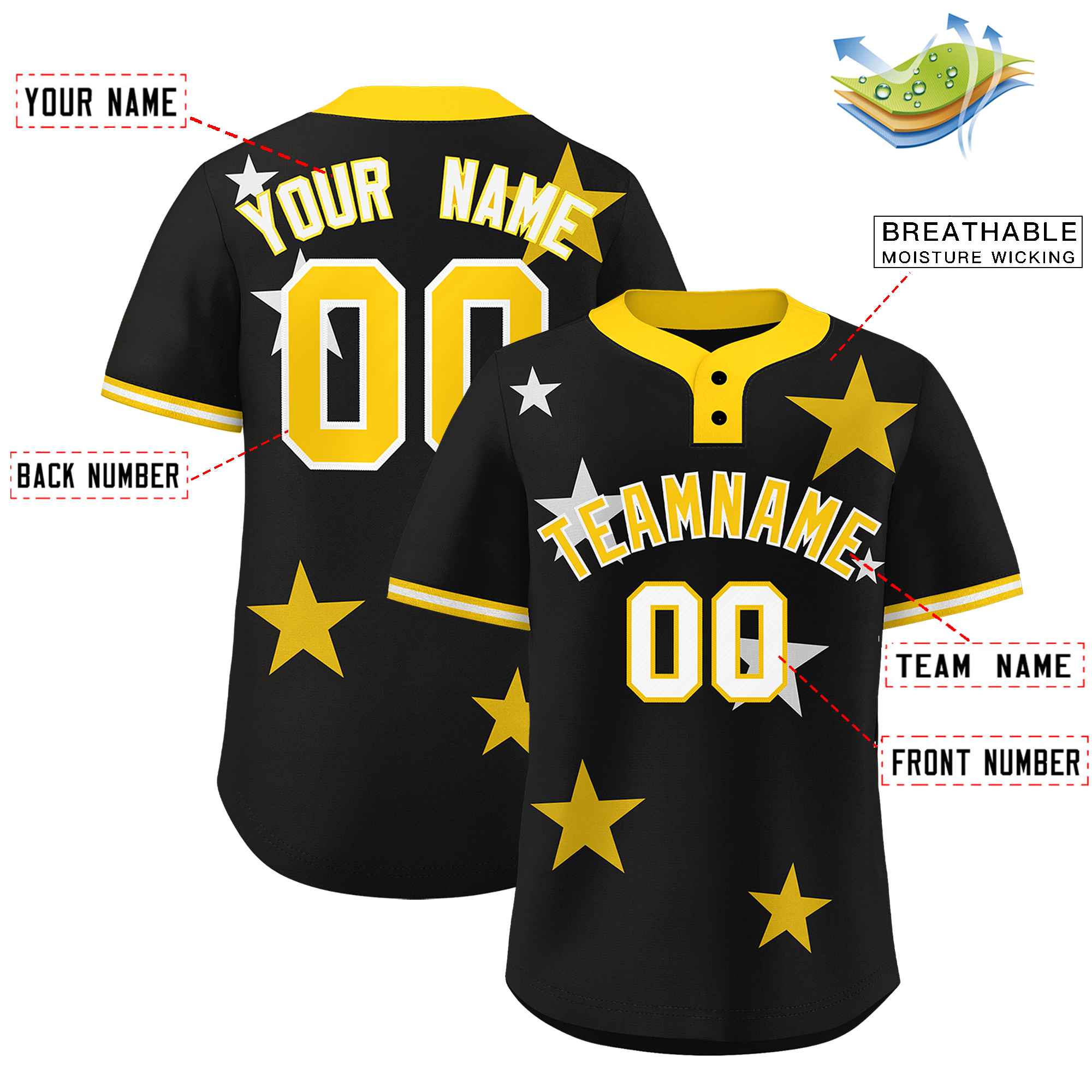 Custom Black Gold Personalized Star Graffiti Pattern Authentic Two-Button Baseball Jersey