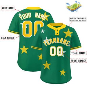 Custom Kelly Green Gold Personalized Star Graffiti Pattern Authentic Two-Button Baseball Jersey