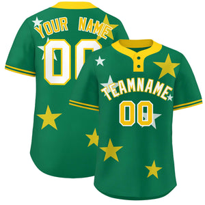 Custom Kelly Green Gold Personalized Star Graffiti Pattern Authentic Two-Button Baseball Jersey