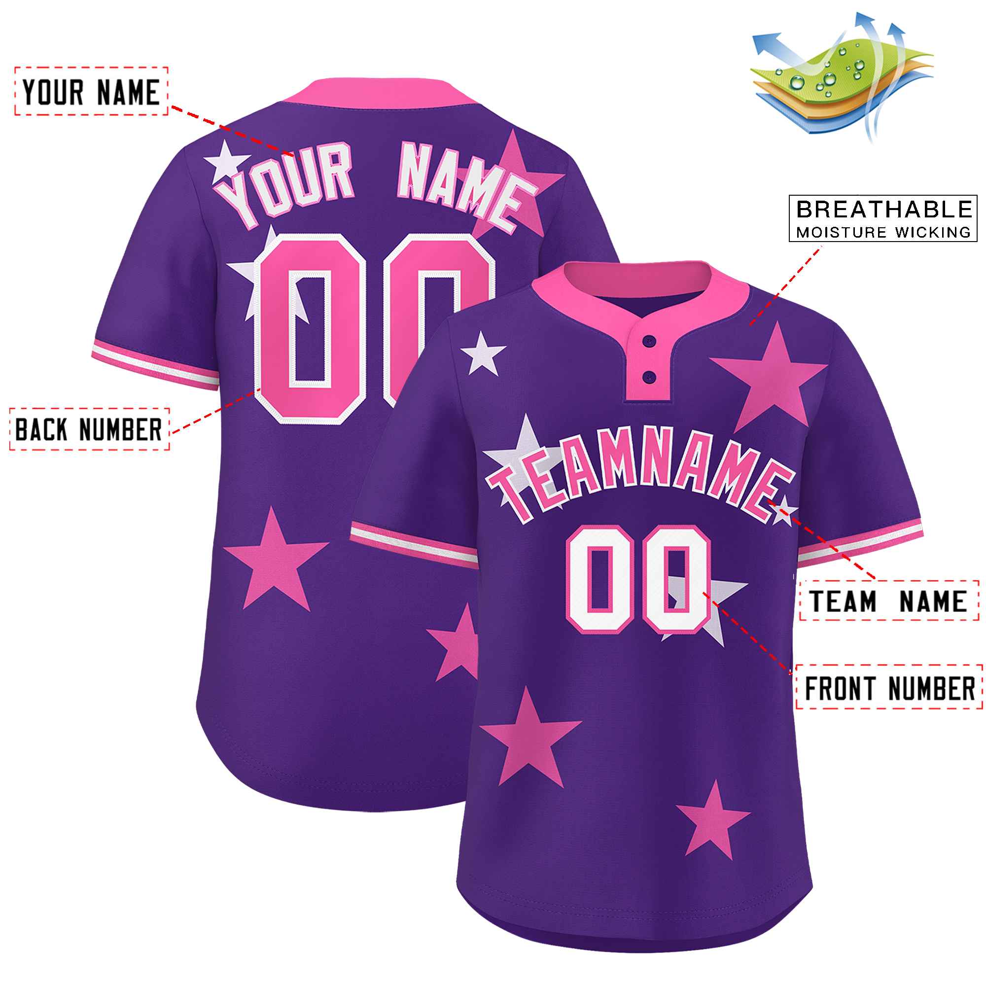 Custom Purple Pink Personalized Star Graffiti Pattern Authentic Two-Button Baseball Jersey