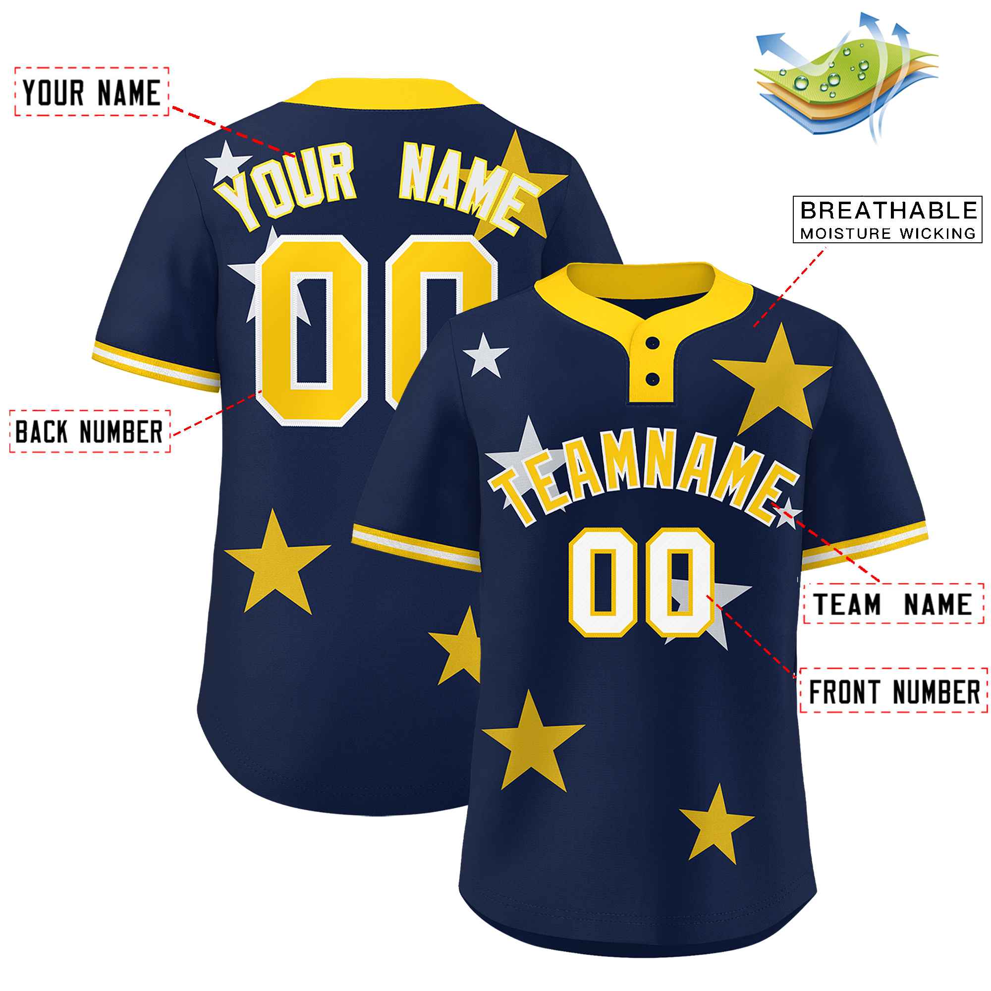 Custom Navy Gold Personalized Star Graffiti Pattern Authentic Two-Button Baseball Jersey