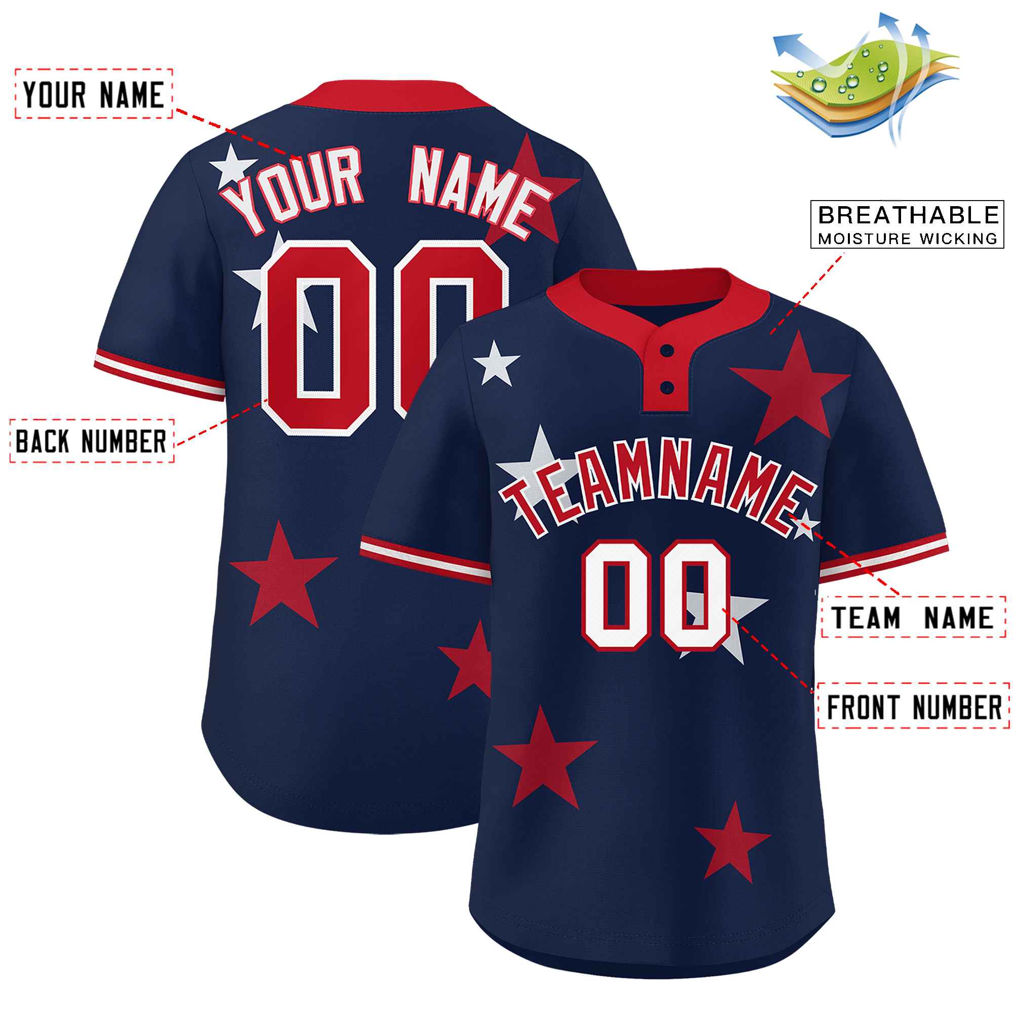 Custom Navy Red Personalized Star Graffiti Pattern Authentic Two-Button Baseball Jersey