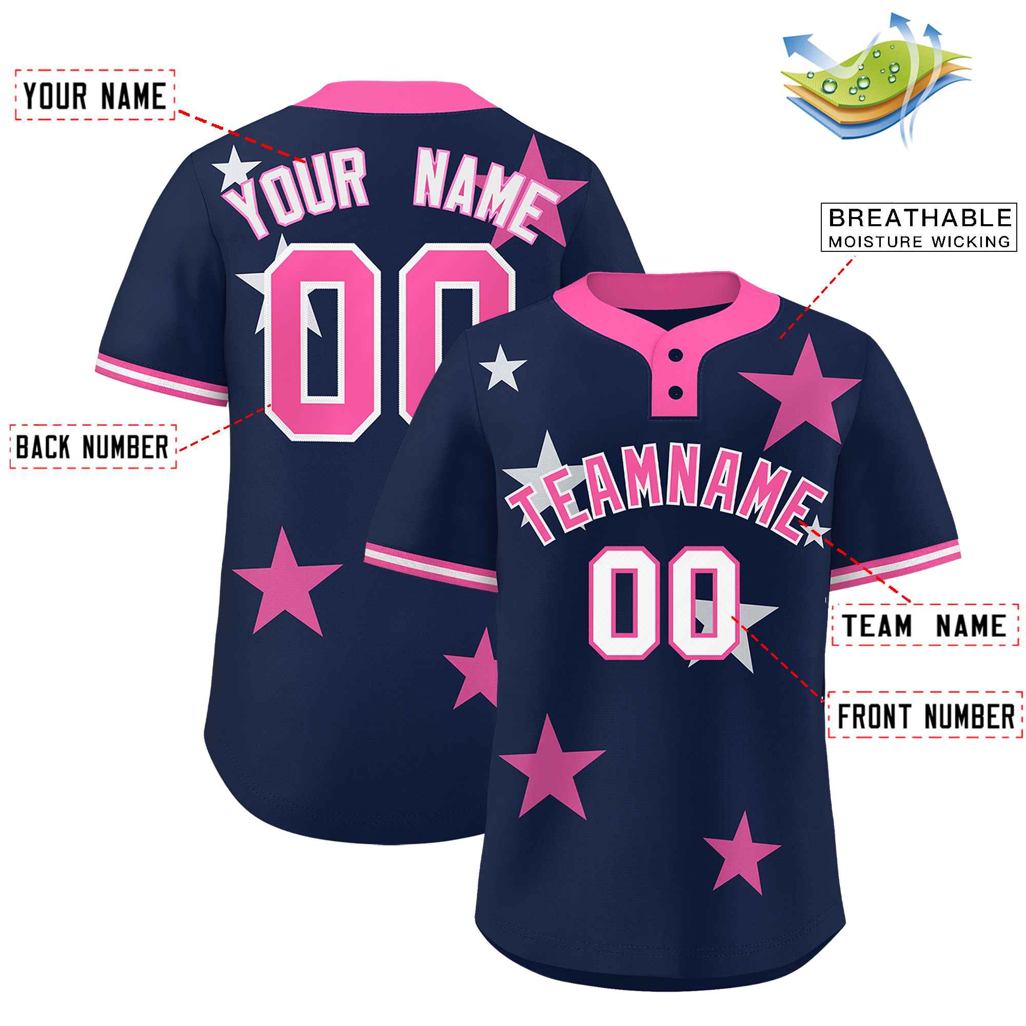 Custom Navy Pink Personalized Star Graffiti Pattern Authentic Two-Button Baseball Jersey