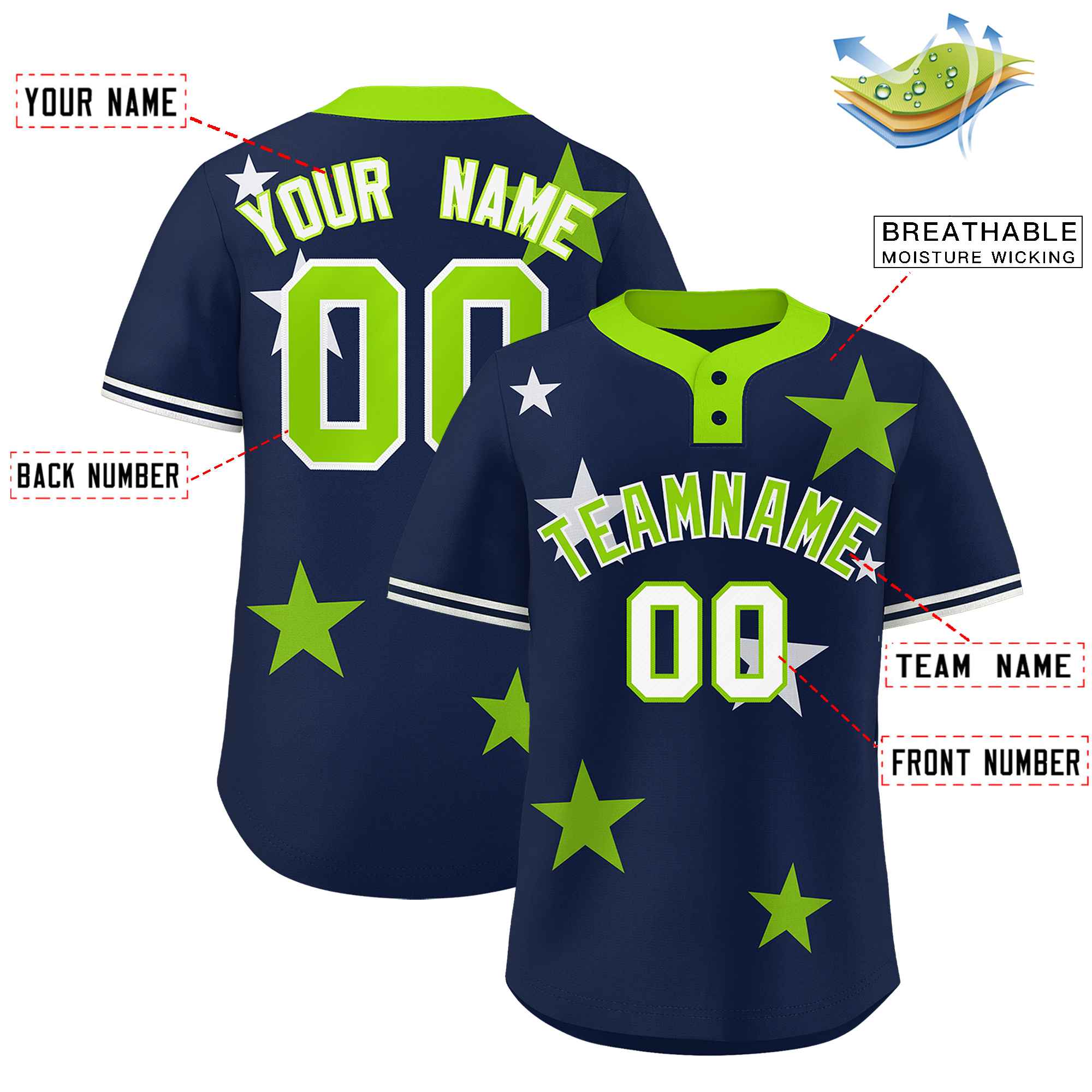 Custom Navy Neon Green Personalized Star Graffiti Pattern Authentic Two-Button Baseball Jersey