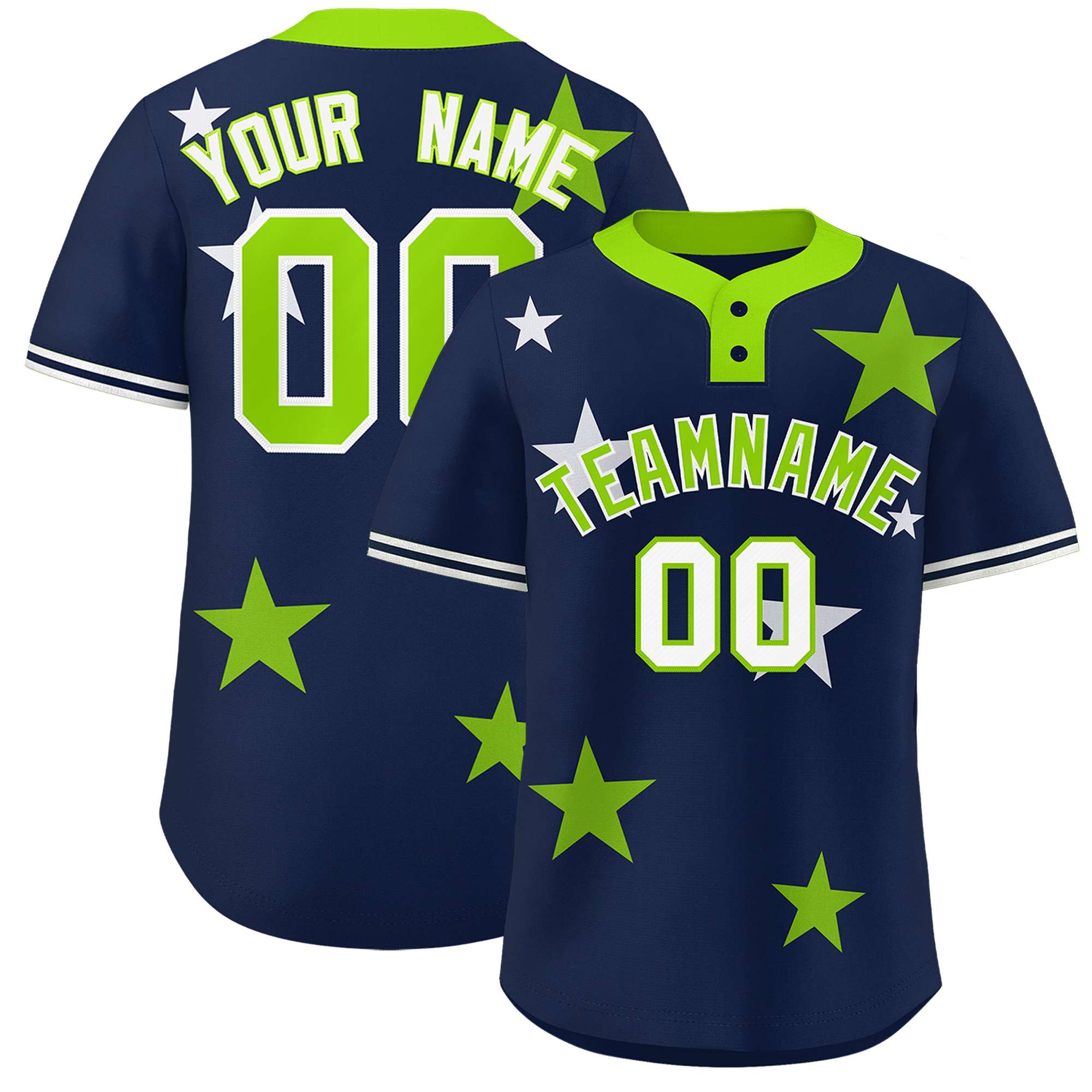 Custom Navy Neon Green Personalized Star Graffiti Pattern Authentic Two-Button Baseball Jersey