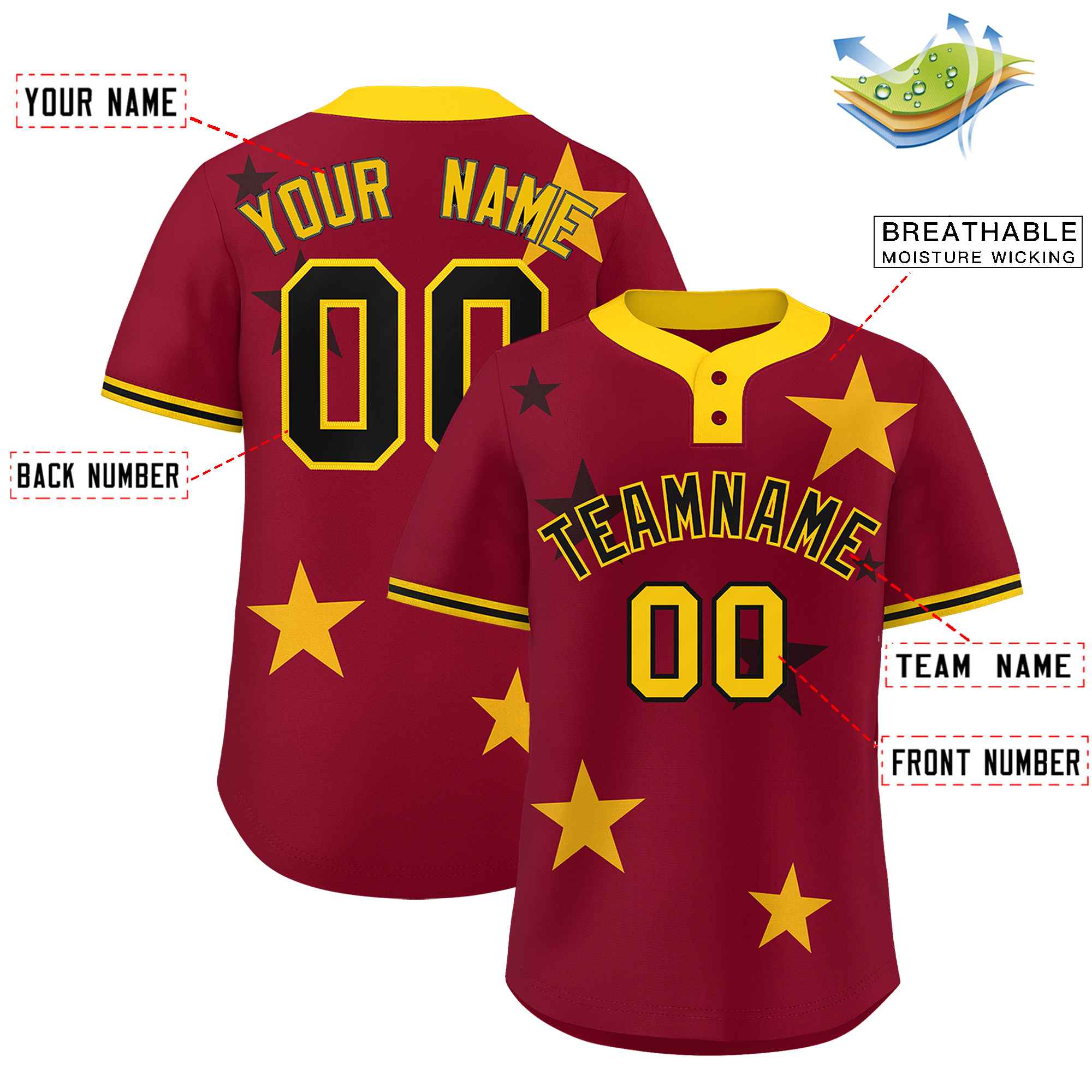 Custom Crimson Gold Personalized Star Graffiti Pattern Authentic Two-Button Baseball Jersey