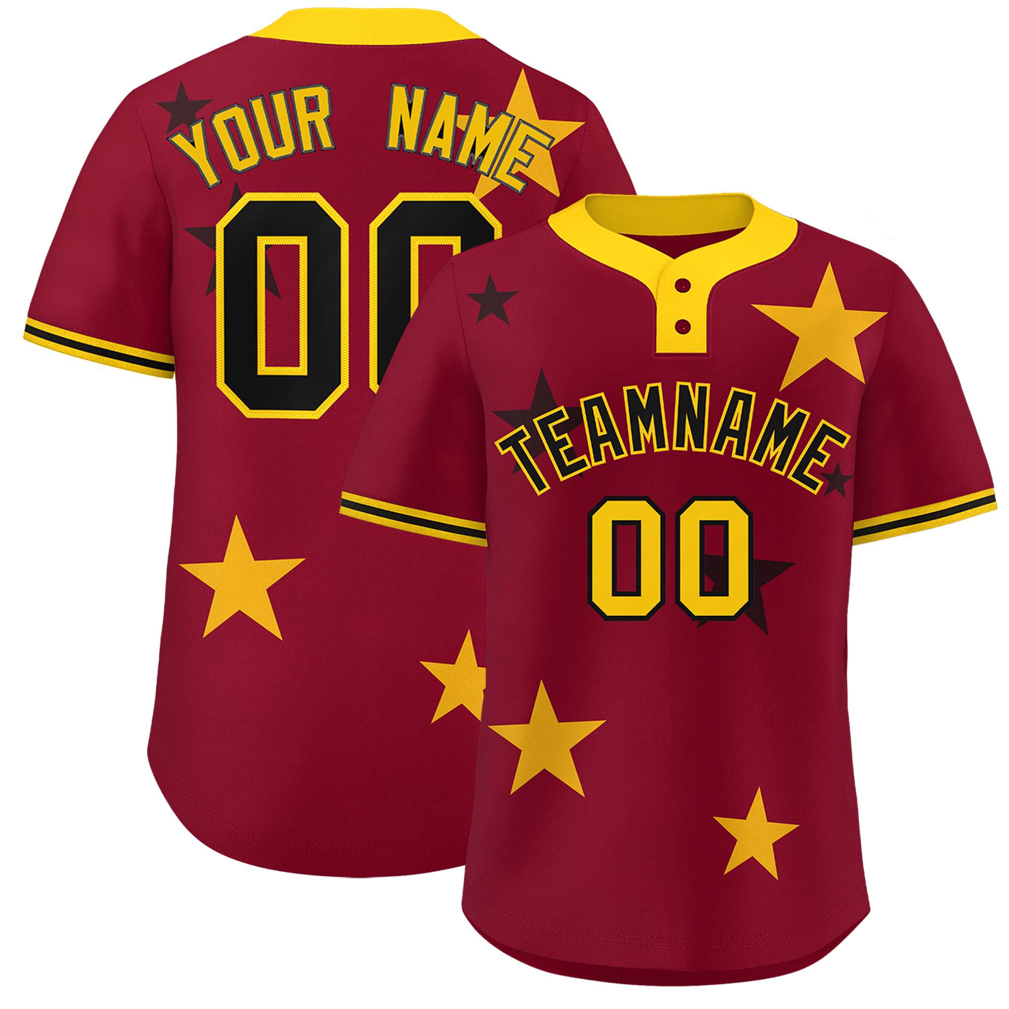 Custom Crimson Gold Personalized Star Graffiti Pattern Authentic Two-Button Baseball Jersey