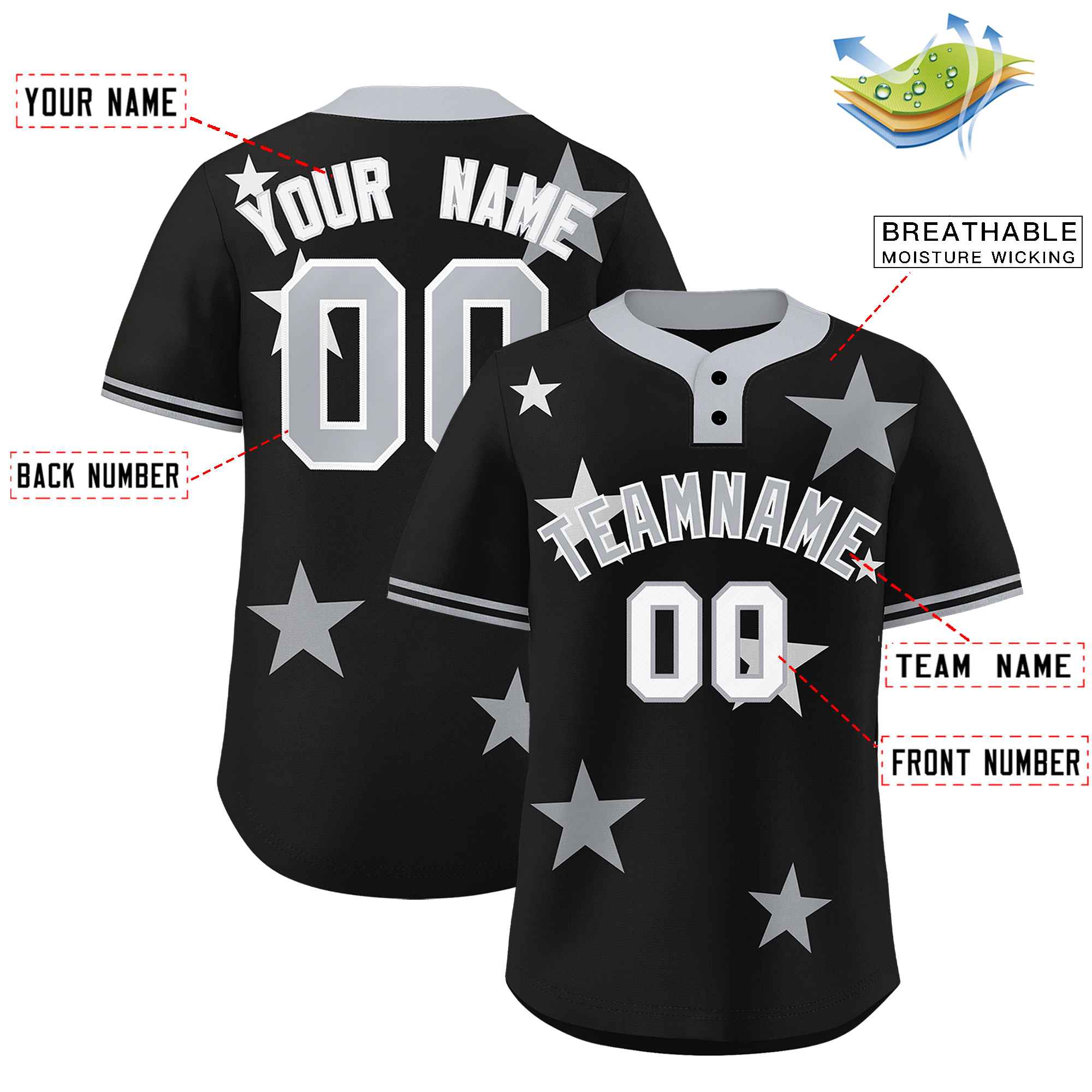 Custom Black Gray Personalized Star Graffiti Pattern Authentic Two-Button Baseball Jersey