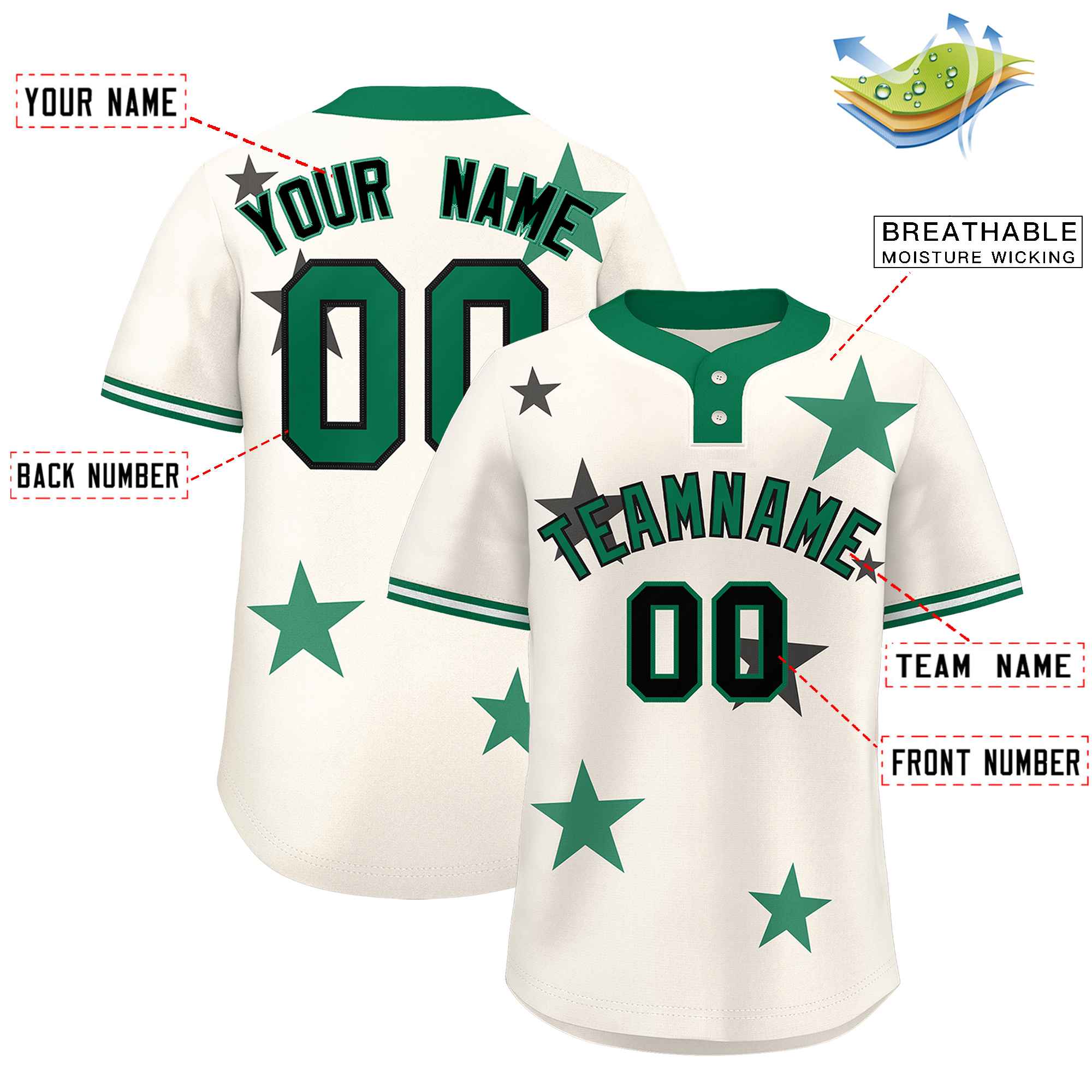 Custom Cream Kelly Green Personalized Star Graffiti Pattern Authentic Two-Button Baseball Jersey