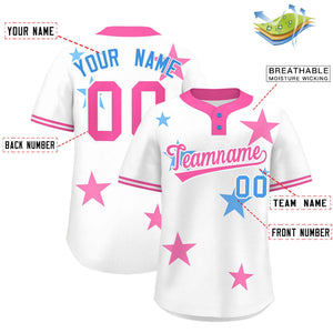 Custom White Pink Personalized Star Graffiti Pattern Authentic Two-Button Baseball Jersey