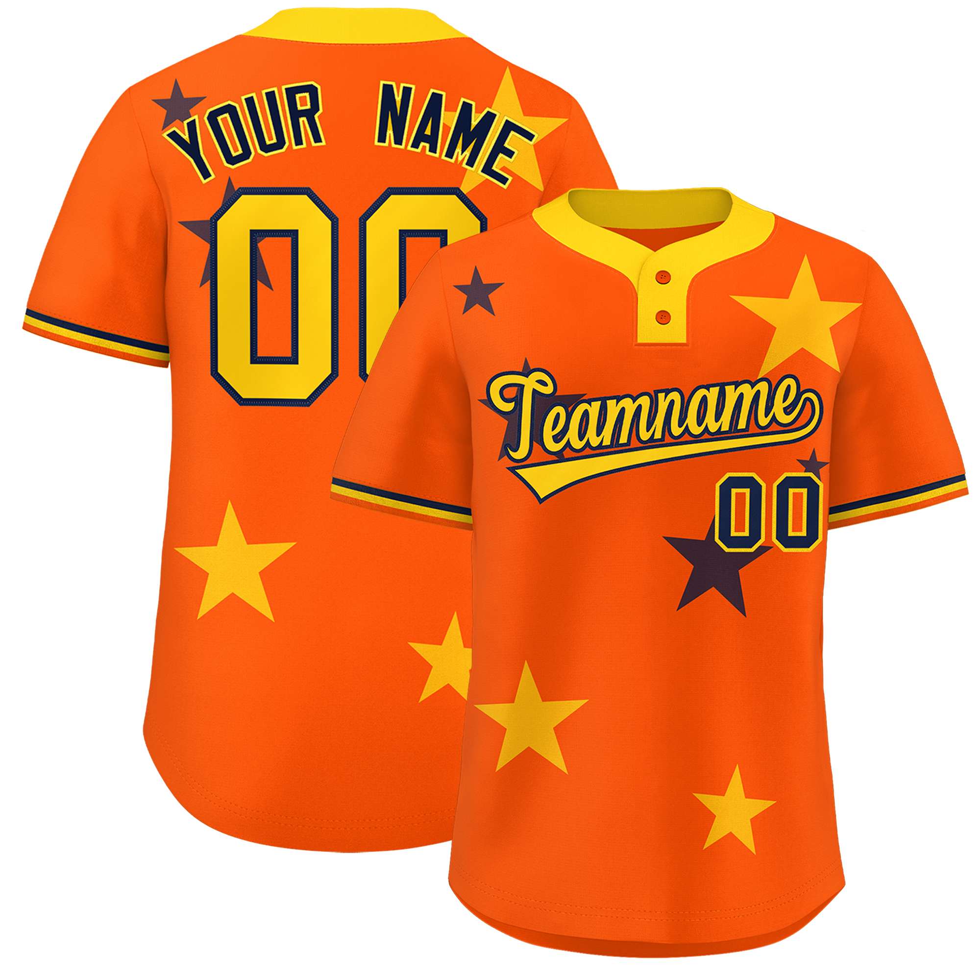 Custom Orange Gold Personalized Star Graffiti Pattern Authentic Two-Button Baseball Jersey