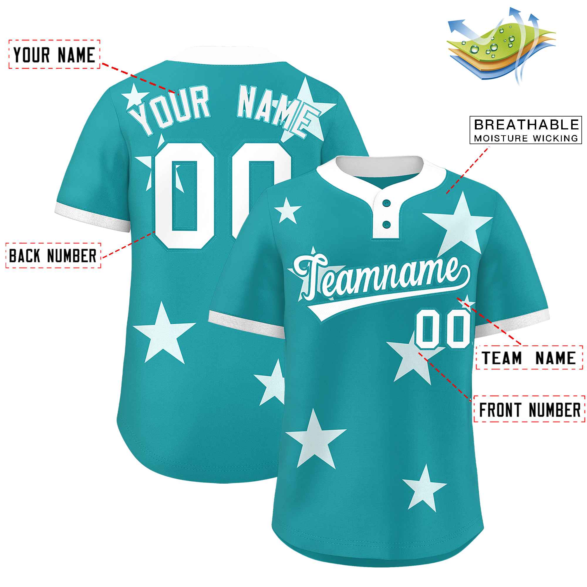 Custom Aqua White Personalized Star Graffiti Pattern Authentic Two-Button Baseball Jersey