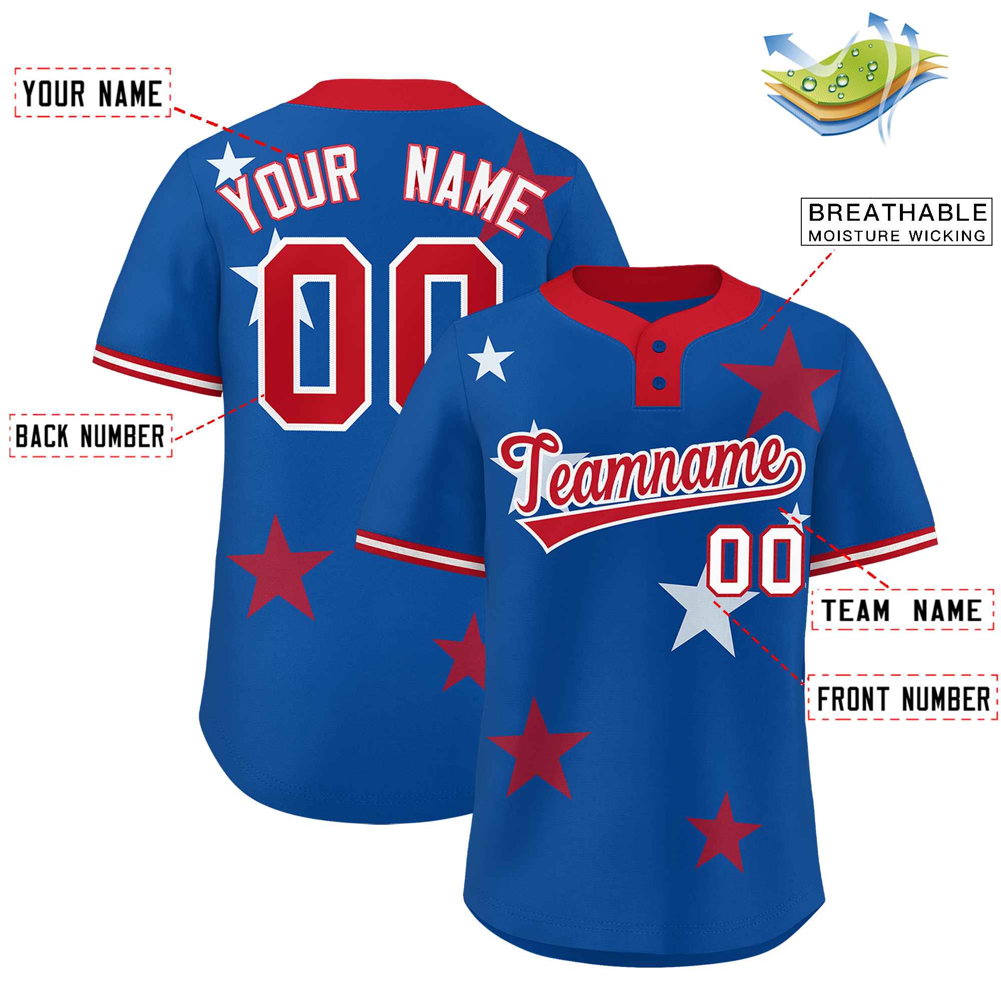 Custom Royal Red Personalized Star Graffiti Pattern Authentic Two-Button Baseball Jersey