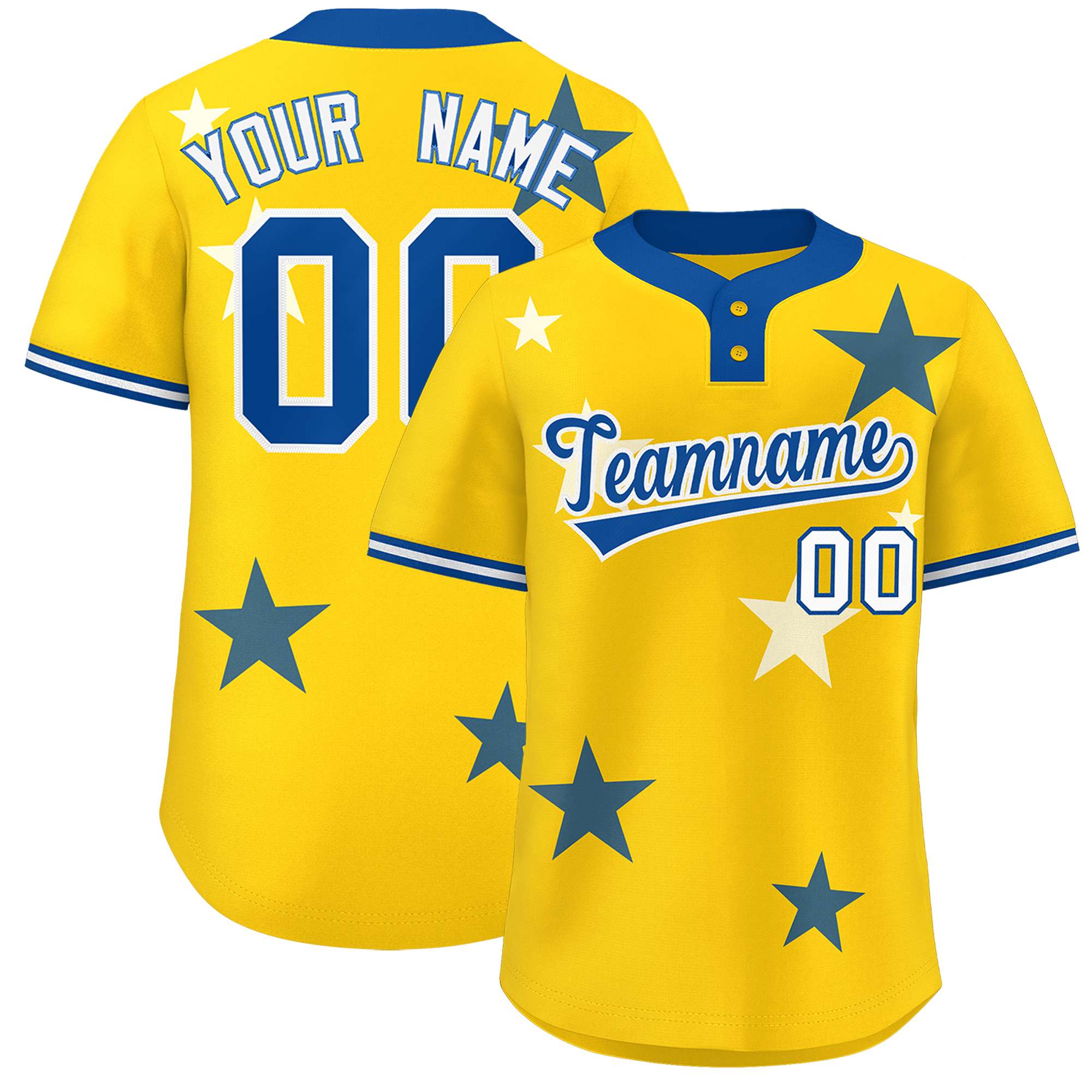 Custom Gold Royal Personalized Star Graffiti Pattern Authentic Two-Button Baseball Jersey