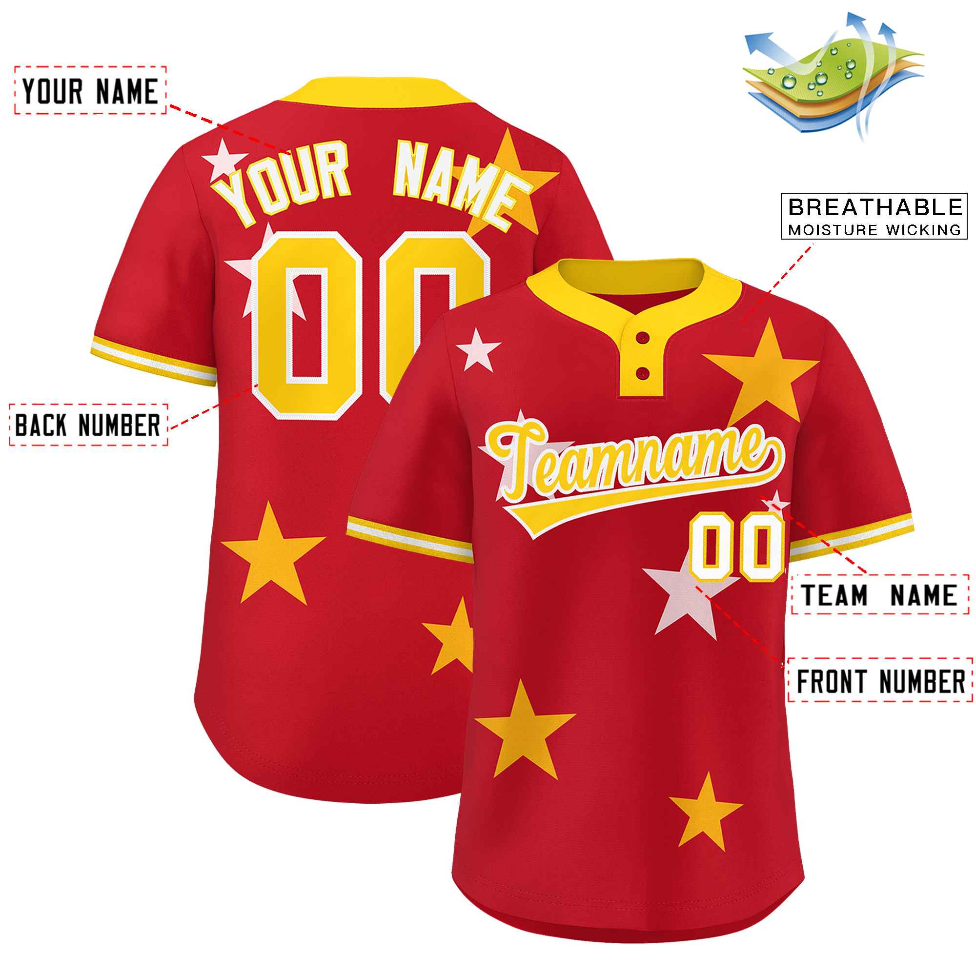 Custom Red Gold Personalized Star Graffiti Pattern Authentic Two-Button Baseball Jersey