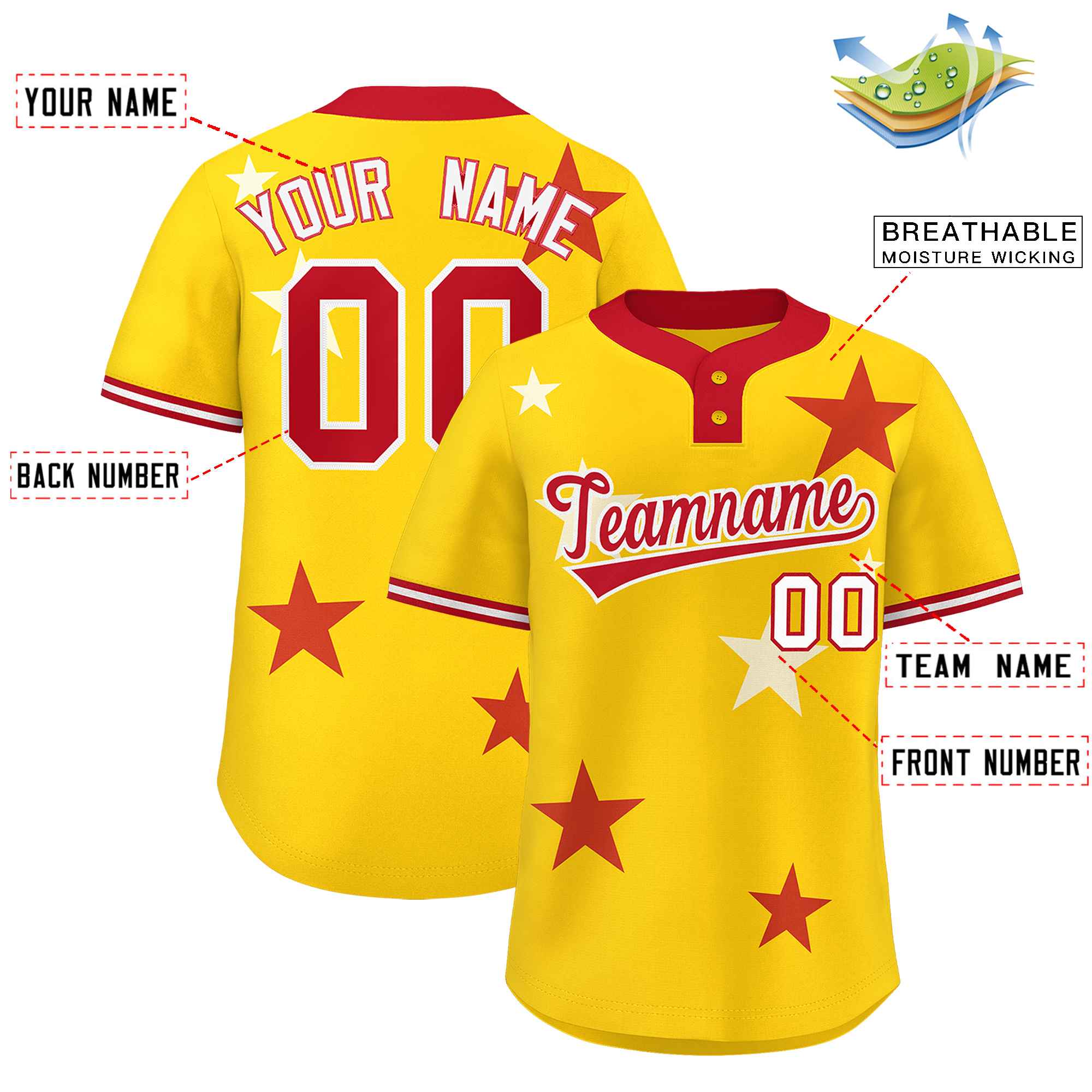 Custom Gold Red Personalized Star Graffiti Pattern Authentic Two-Button Baseball Jersey