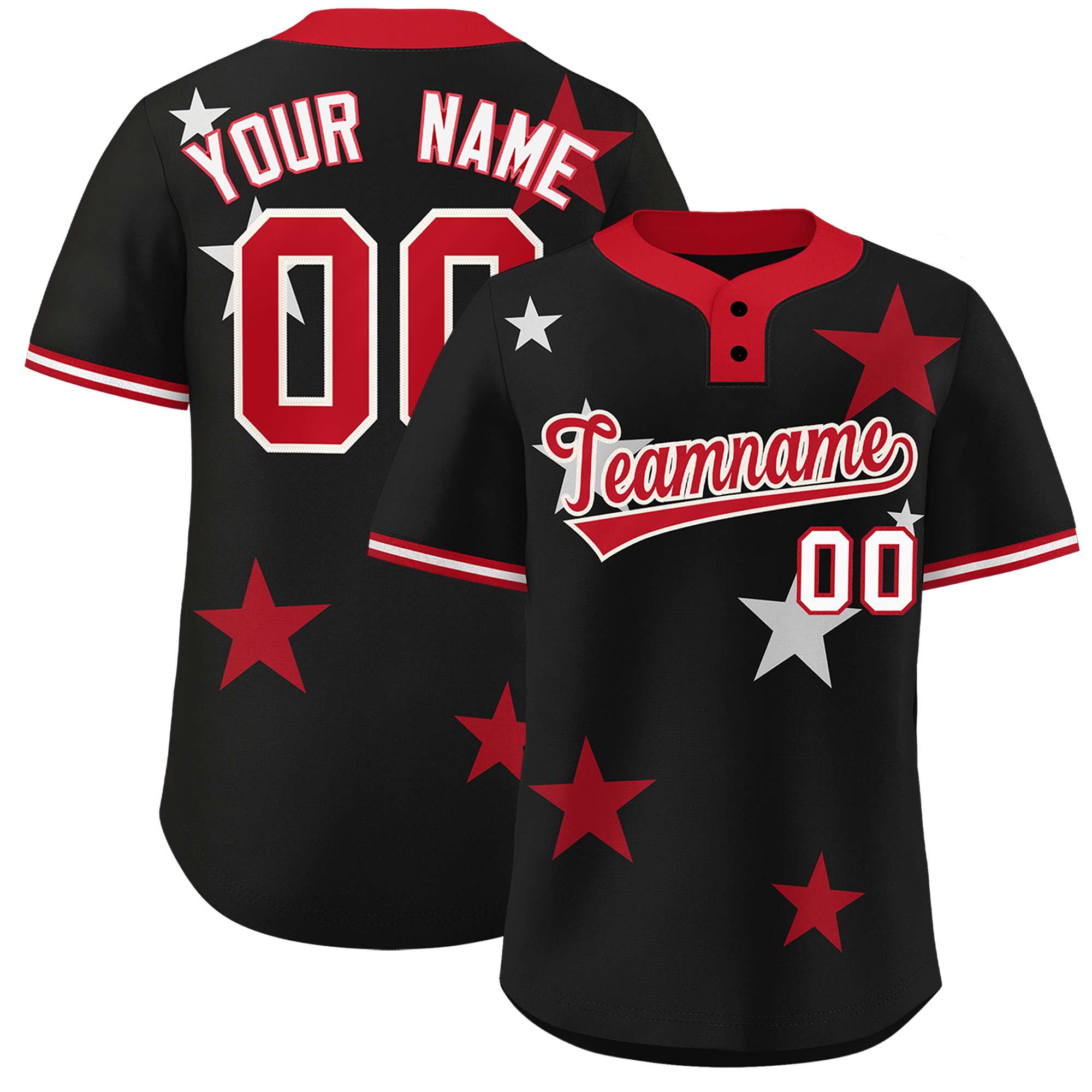 Custom Black Red Personalized Star Graffiti Pattern Authentic Two-Button Baseball Jersey