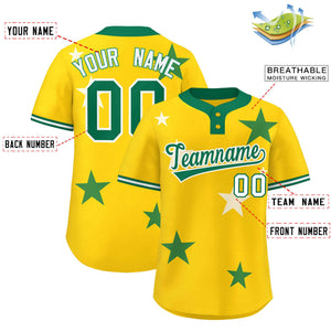 Custom Gold Kelly Green Personalized Star Graffiti Pattern Authentic Two-Button Baseball Jersey