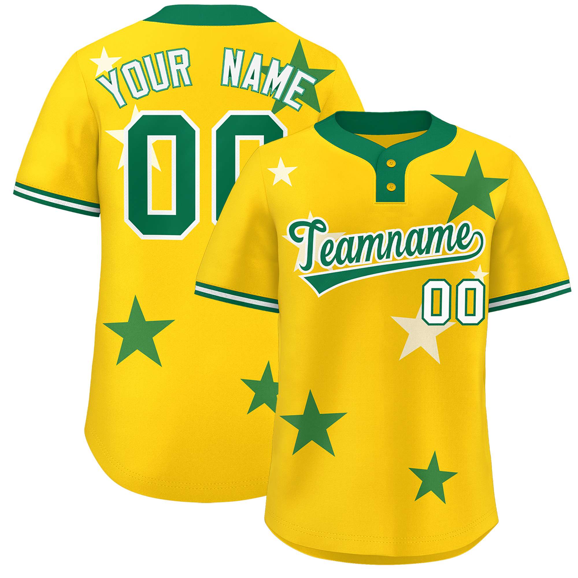 Custom Gold Kelly Green Personalized Star Graffiti Pattern Authentic Two-Button Baseball Jersey