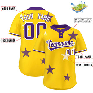 Custom Gold Purple Personalized Star Graffiti Pattern Authentic Two-Button Baseball Jersey