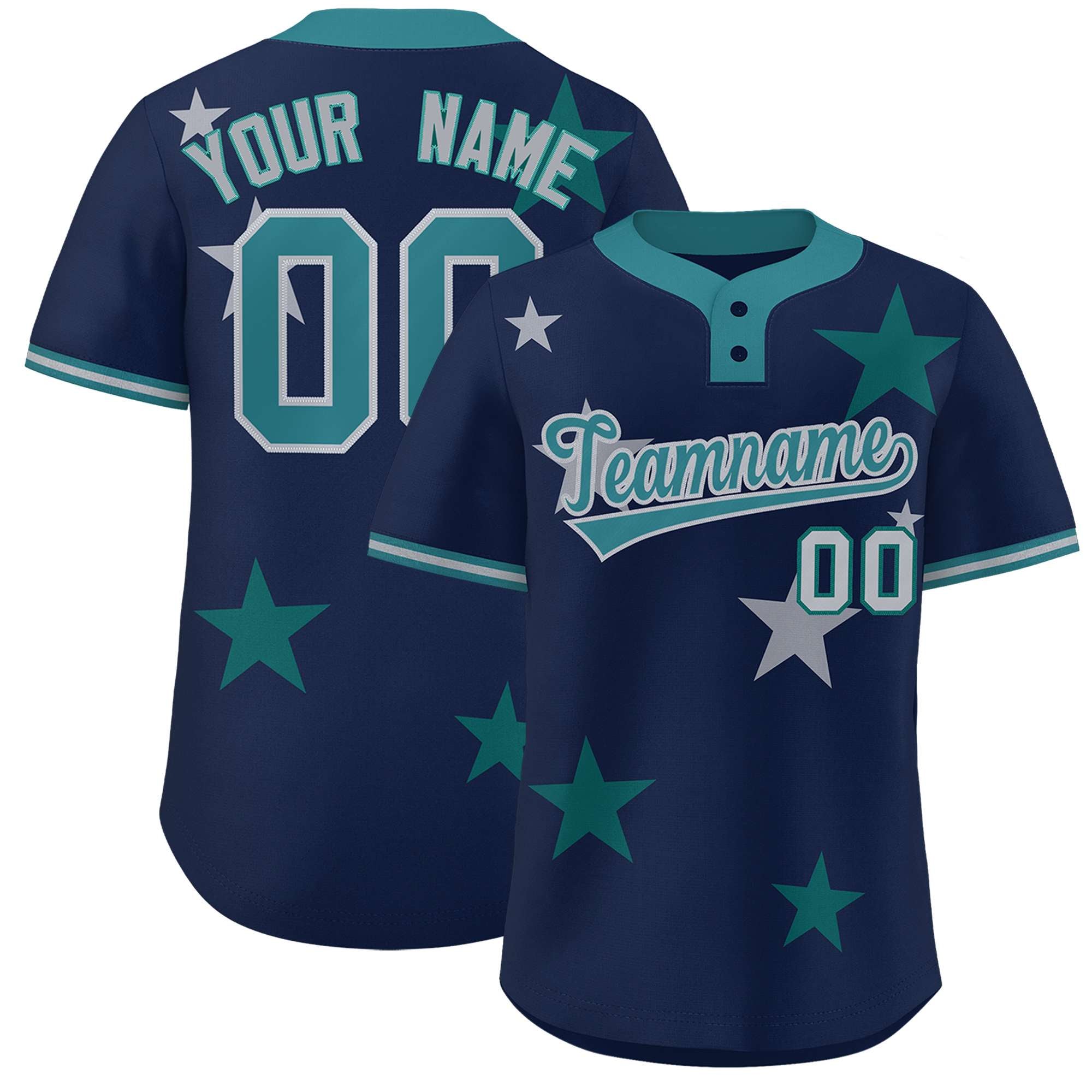 Custom Navy Aqua Personalized Star Graffiti Pattern Authentic Two-Button Baseball Jersey