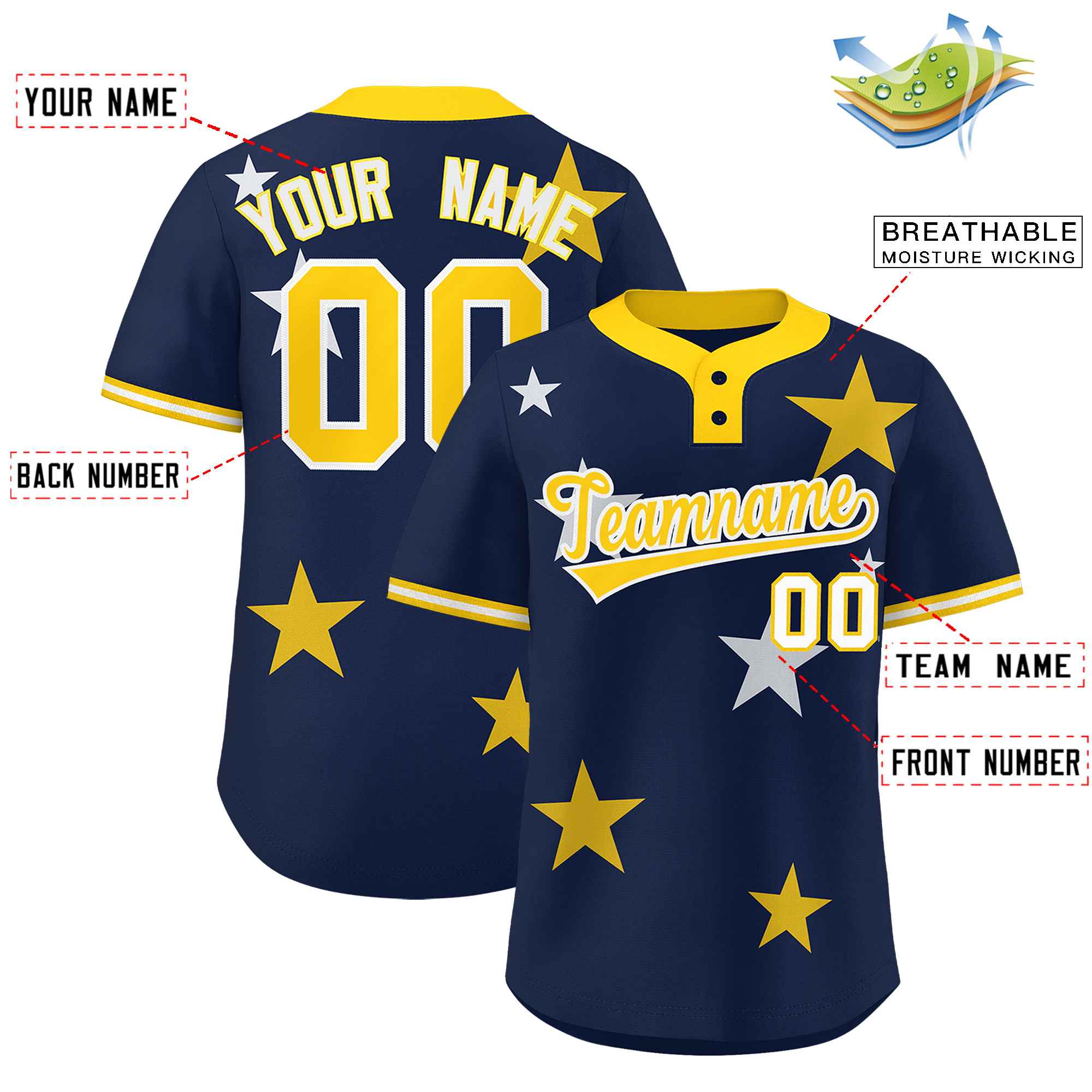 Custom Navy Gold Personalized Star Graffiti Pattern Authentic Two-Button Baseball Jersey