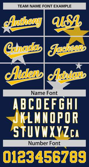 Custom Navy Gold Personalized Star Graffiti Pattern Authentic Two-Button Baseball Jersey