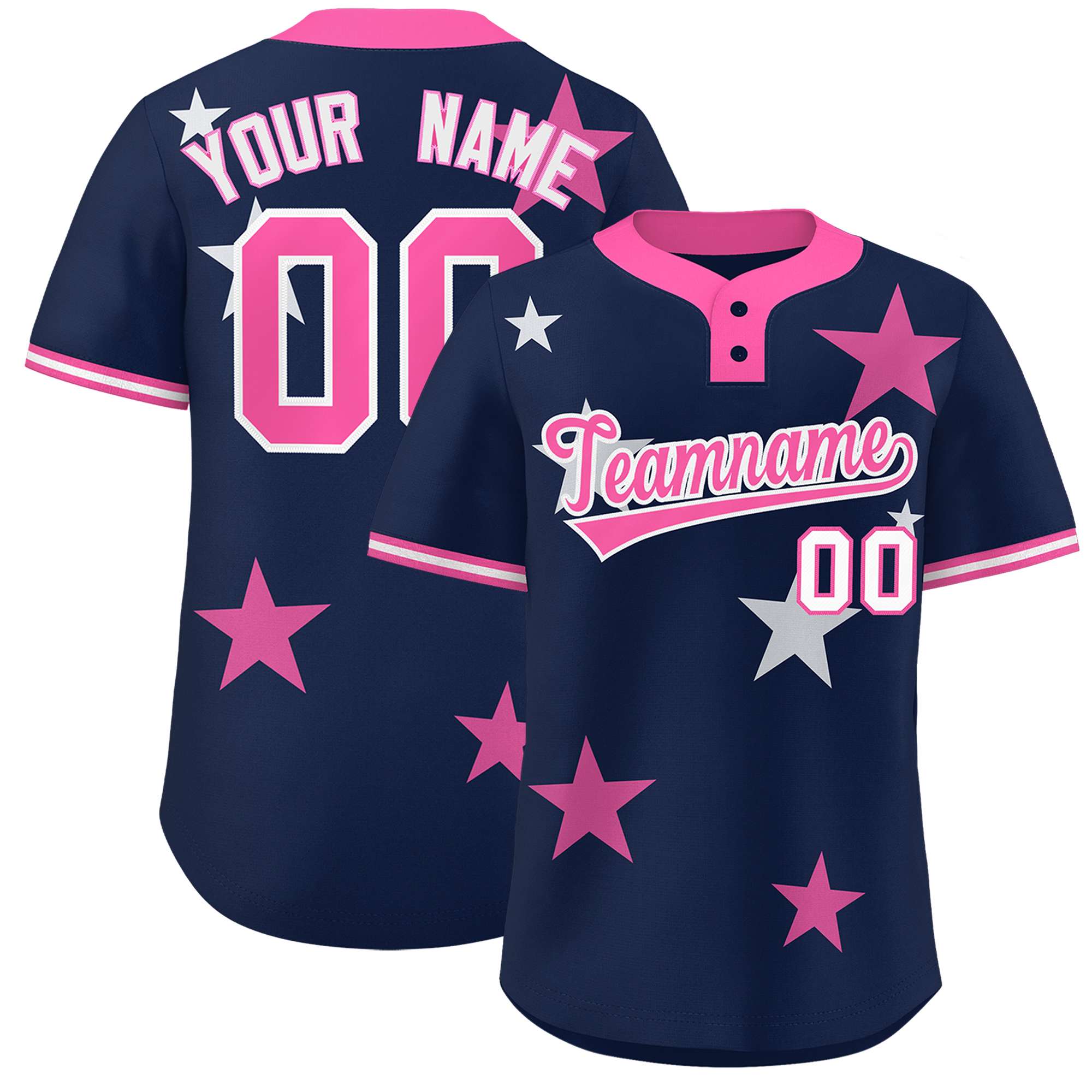 Custom Navy Pink Personalized Star Graffiti Pattern Authentic Two-Button Baseball Jersey