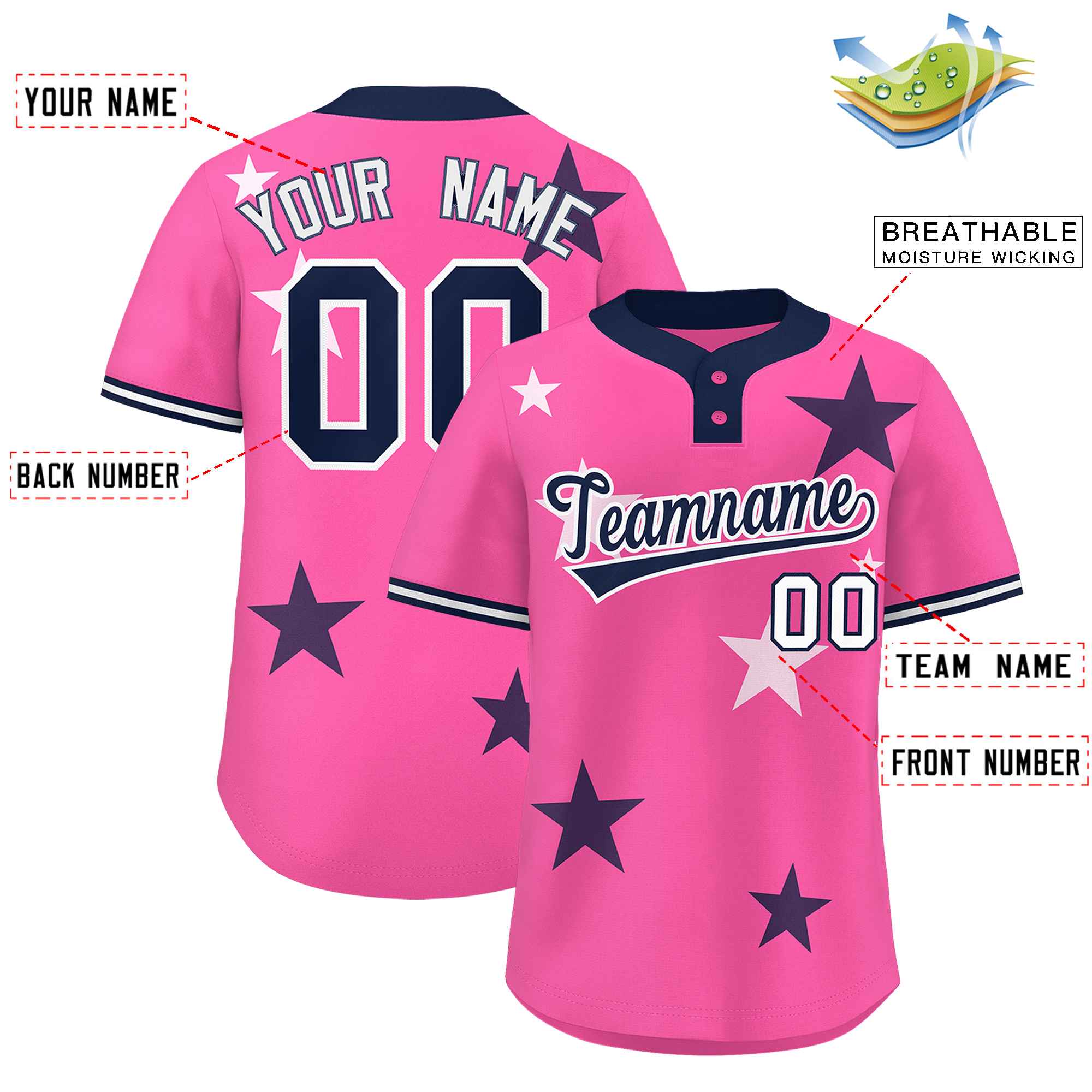Custom Pink Navy Personalized Star Graffiti Pattern Authentic Two-Button Baseball Jersey