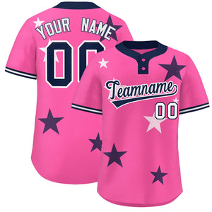 Custom Pink Navy Personalized Star Graffiti Pattern Authentic Two-Button Baseball Jersey