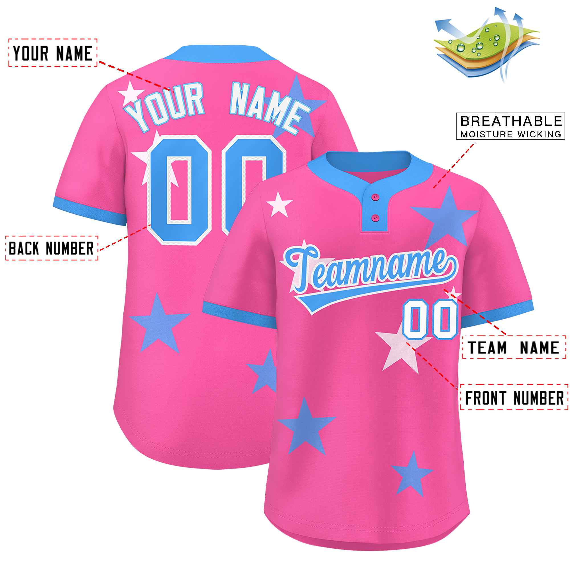 Custom Pink Powder Blue Personalized Star Graffiti Pattern Authentic Two-Button Baseball Jersey