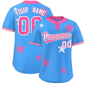 Custom Powder Blue Pink Personalized Star Graffiti Pattern Authentic Two-Button Baseball Jersey
