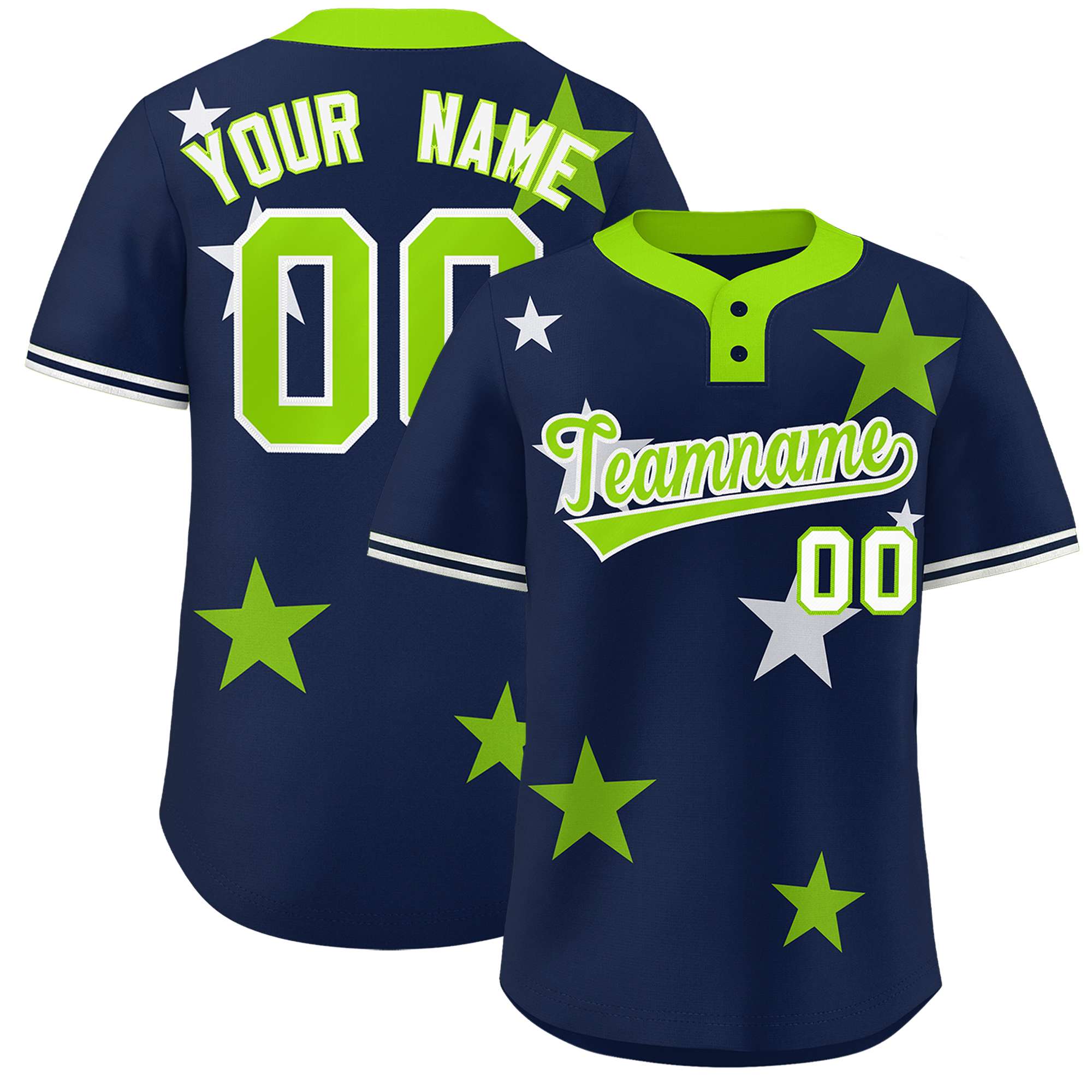 Custom Navy Neon Green Personalized Star Graffiti Pattern Authentic Two-Button Baseball Jersey