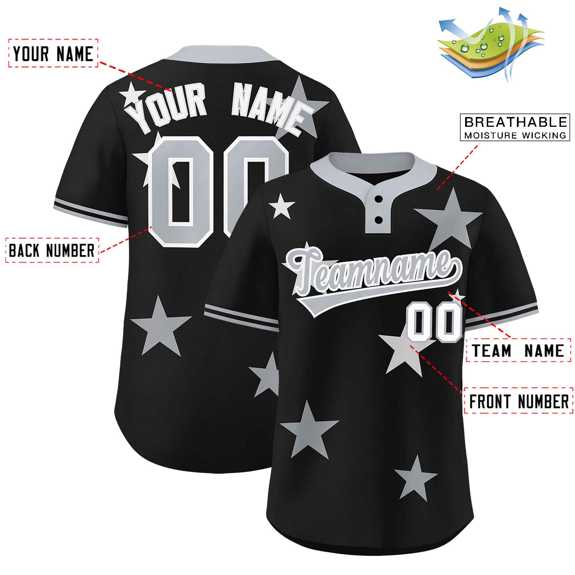 Custom Black Gray Personalized Star Graffiti Pattern Authentic Two-Button Baseball Jersey