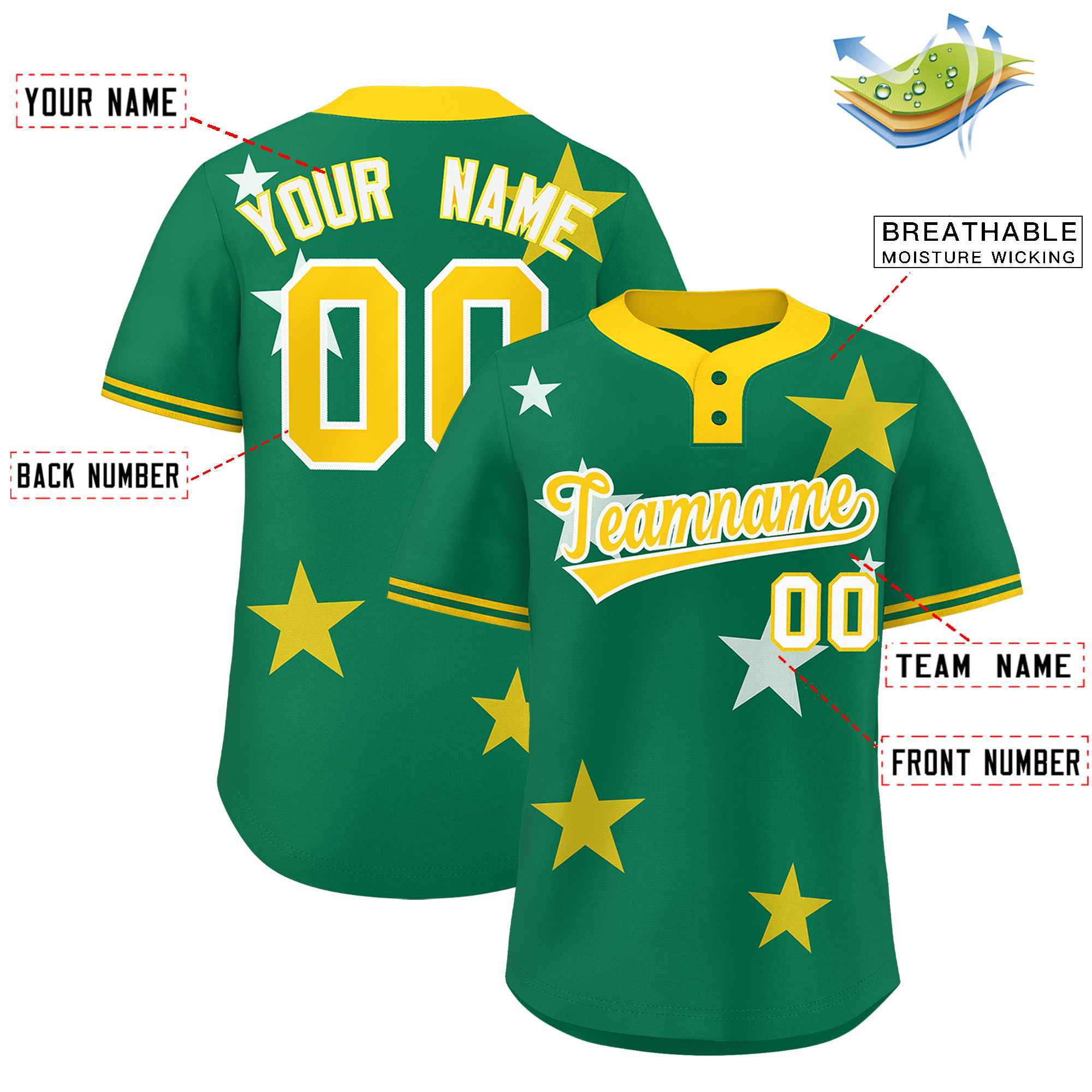 Custom Kelly Green Gold Personalized Star Graffiti Pattern Authentic Two-Button Baseball Jersey