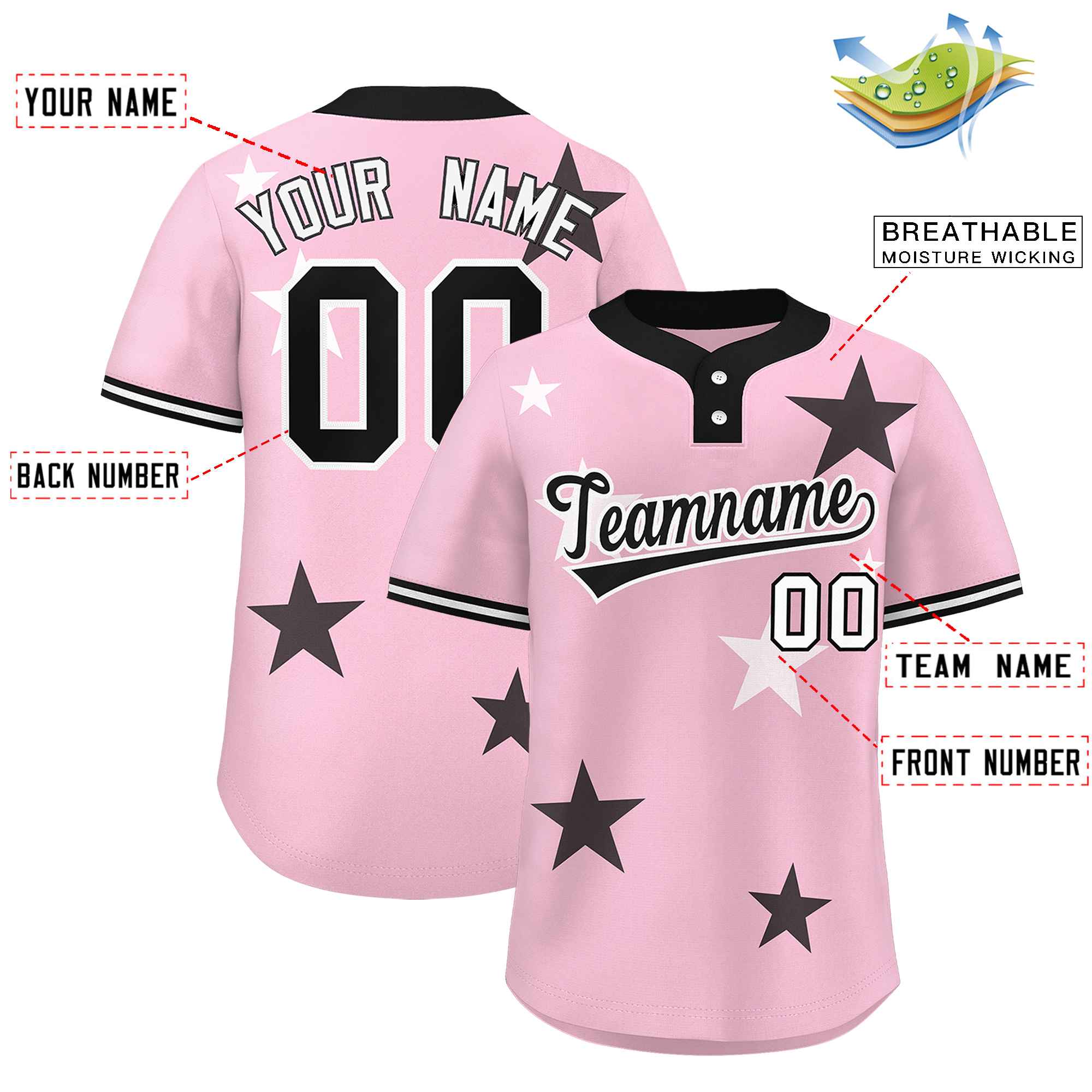 Custom Light Pink Black Personalized Star Graffiti Pattern Authentic Two-Button Baseball Jersey