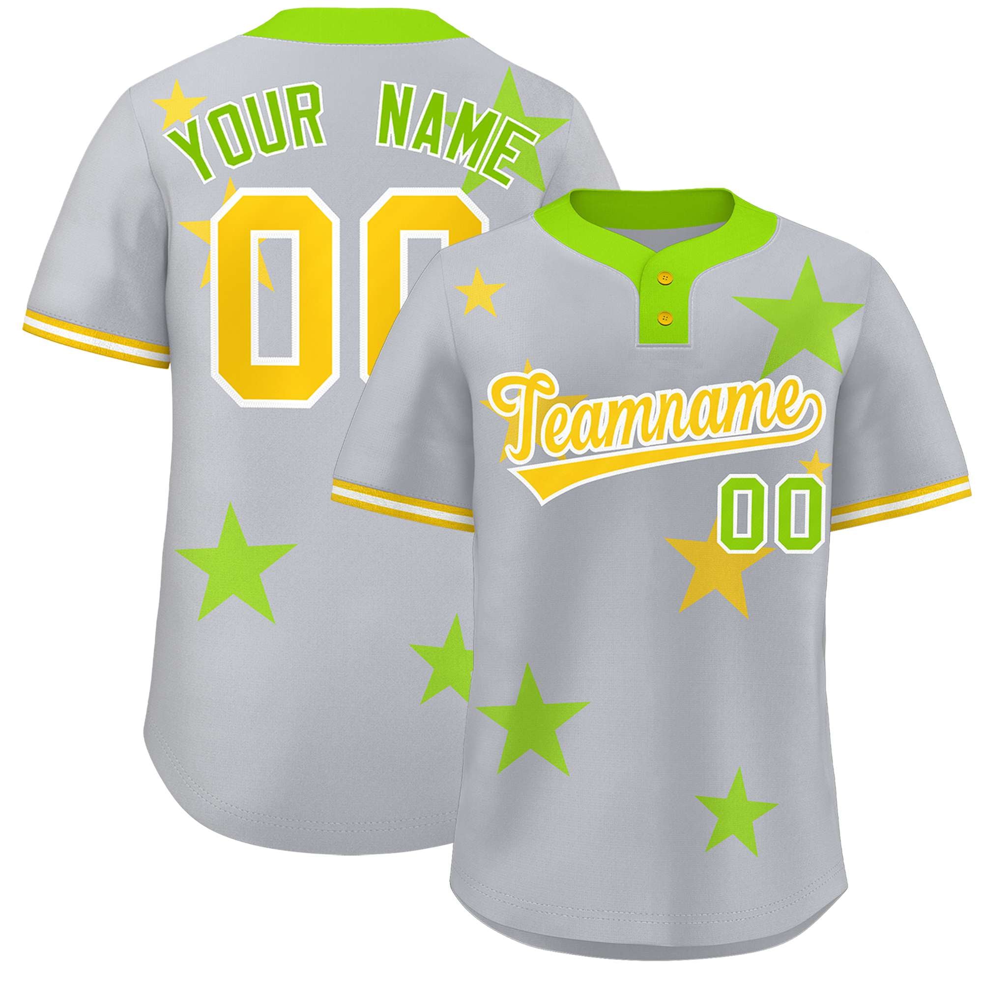 Custom Gray Neon Green Personalized Star Graffiti Pattern Authentic Two-Button Baseball Jersey