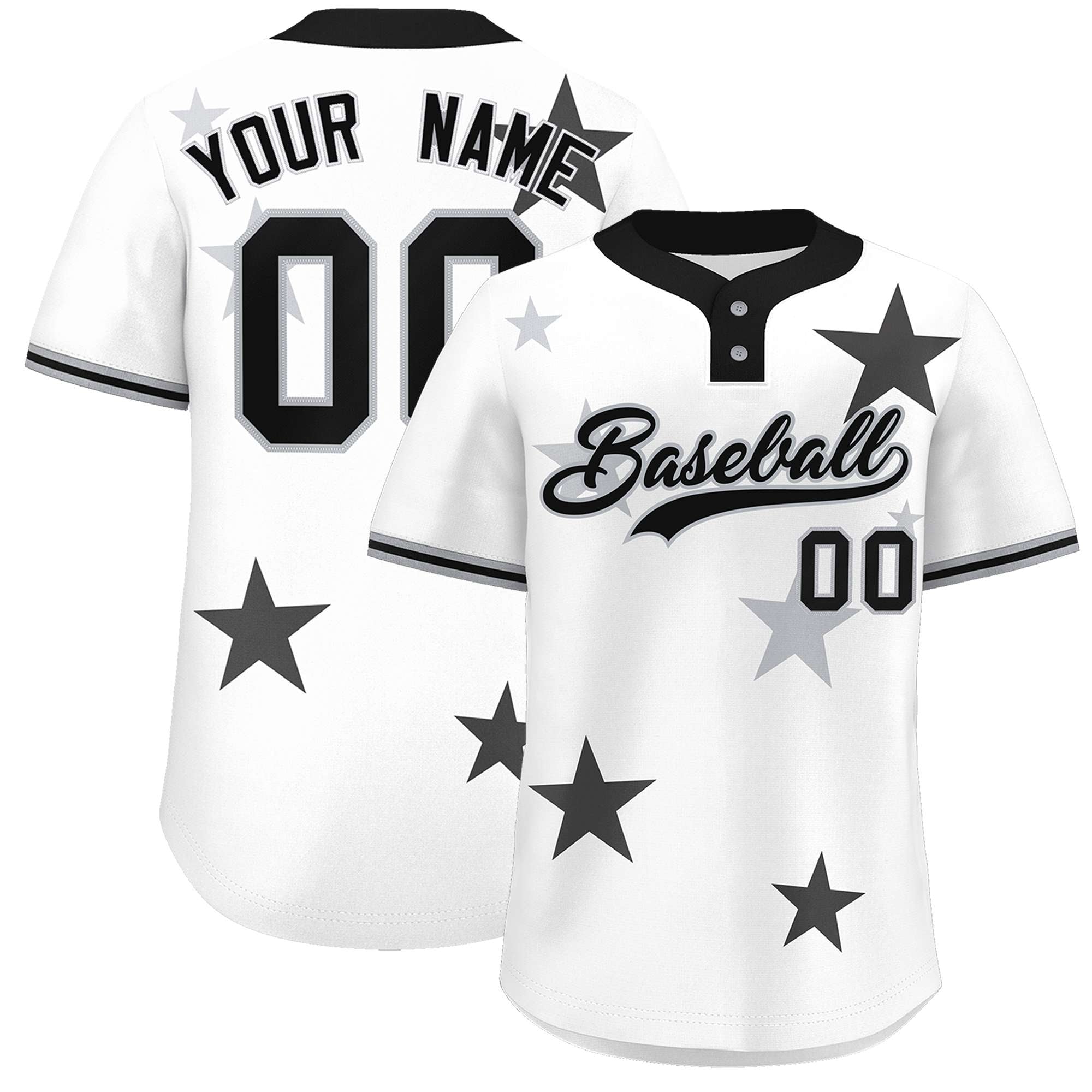 Custom White Black Personalized Star Graffiti Pattern Authentic Two-Button Baseball Jersey