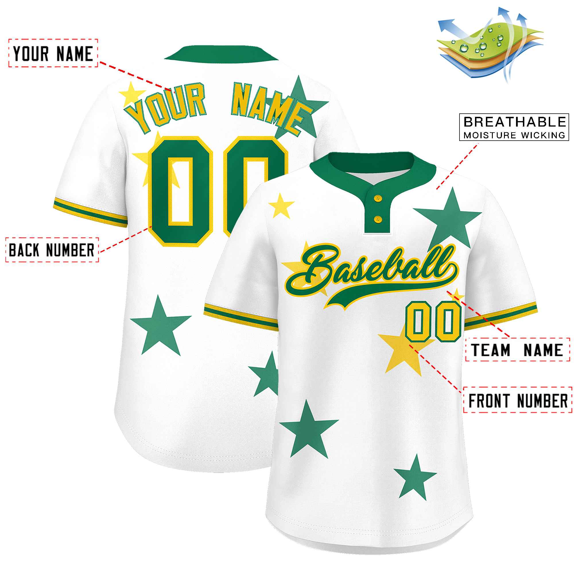 Custom White Kelly Green Personalized Star Graffiti Pattern Authentic Two-Button Baseball Jersey