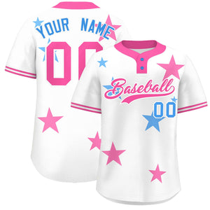 Custom White Pink Personalized Star Graffiti Pattern Authentic Two-Button Baseball Jersey