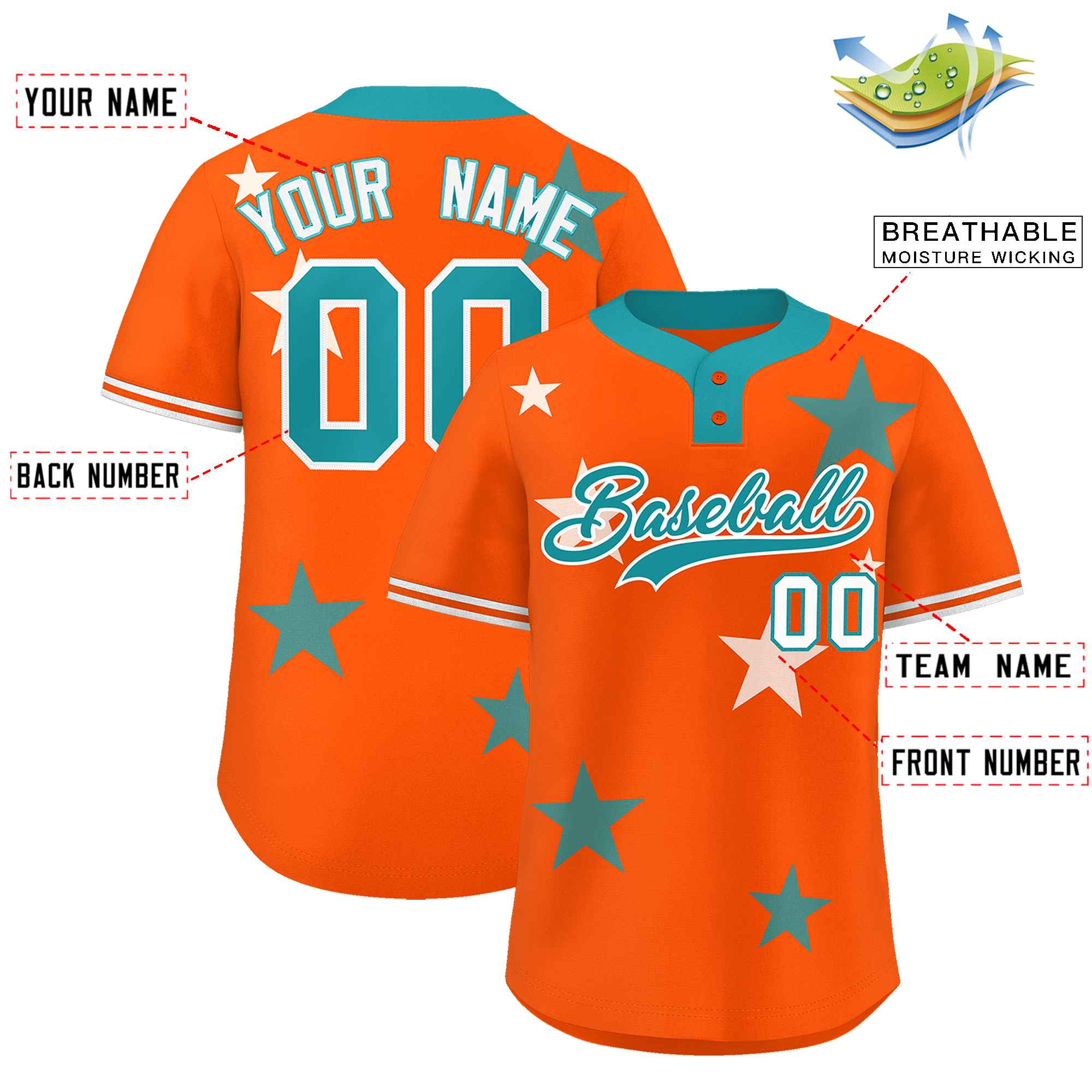 Custom Orange Aqua Personalized Star Graffiti Pattern Authentic Two-Button Baseball Jersey