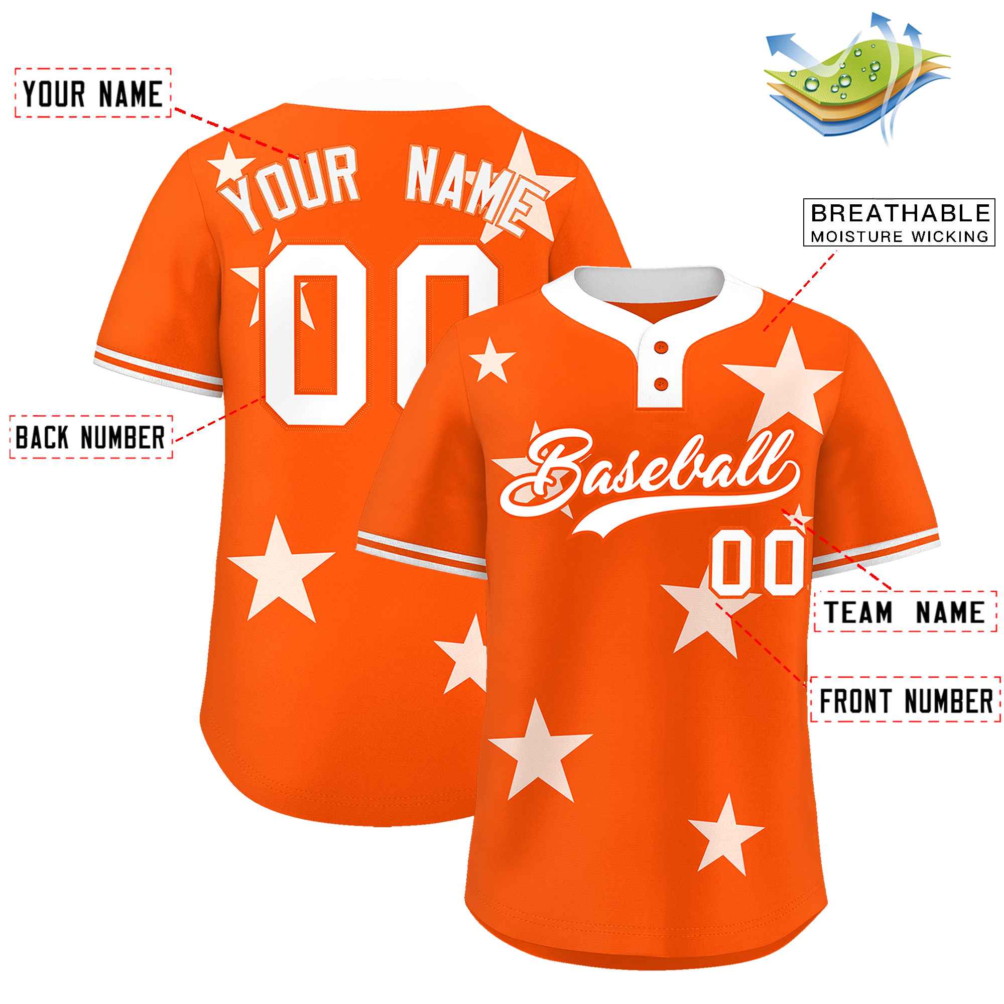 Custom Orange White Personalized Star Graffiti Pattern Authentic Two-Button Baseball Jersey